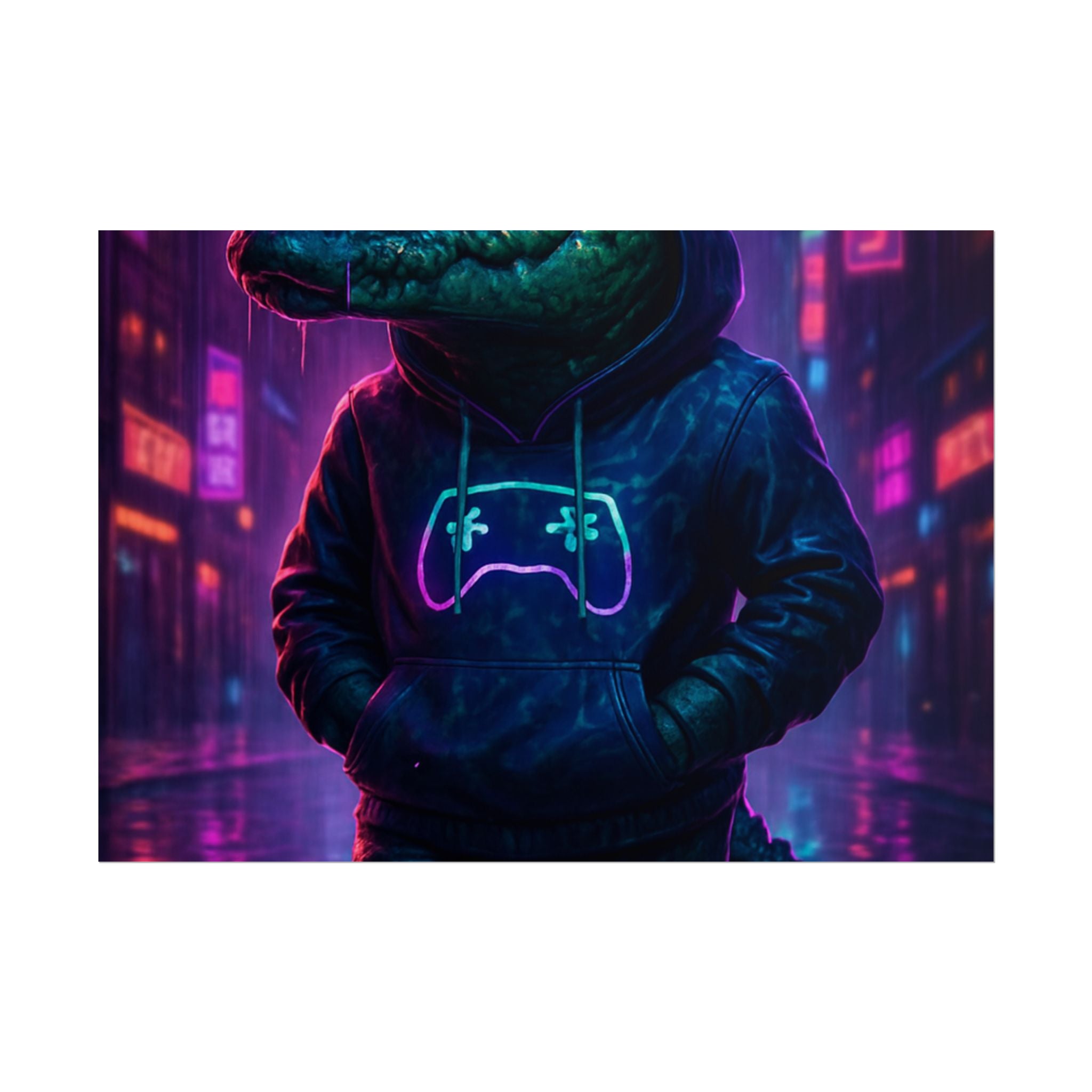 Rolled Posters - Florida Man Gaming Alligator Neon Gamer Hoodie Poster Print
