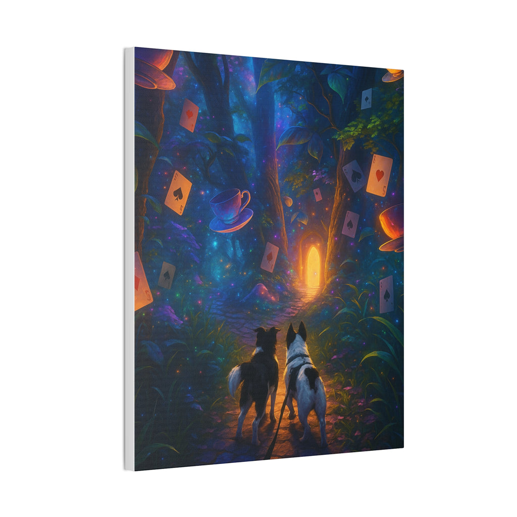 Magic Forest Canvas Wall Art — Dogs Exploring Wonderland with Glowing Door & Floating Playing Cards