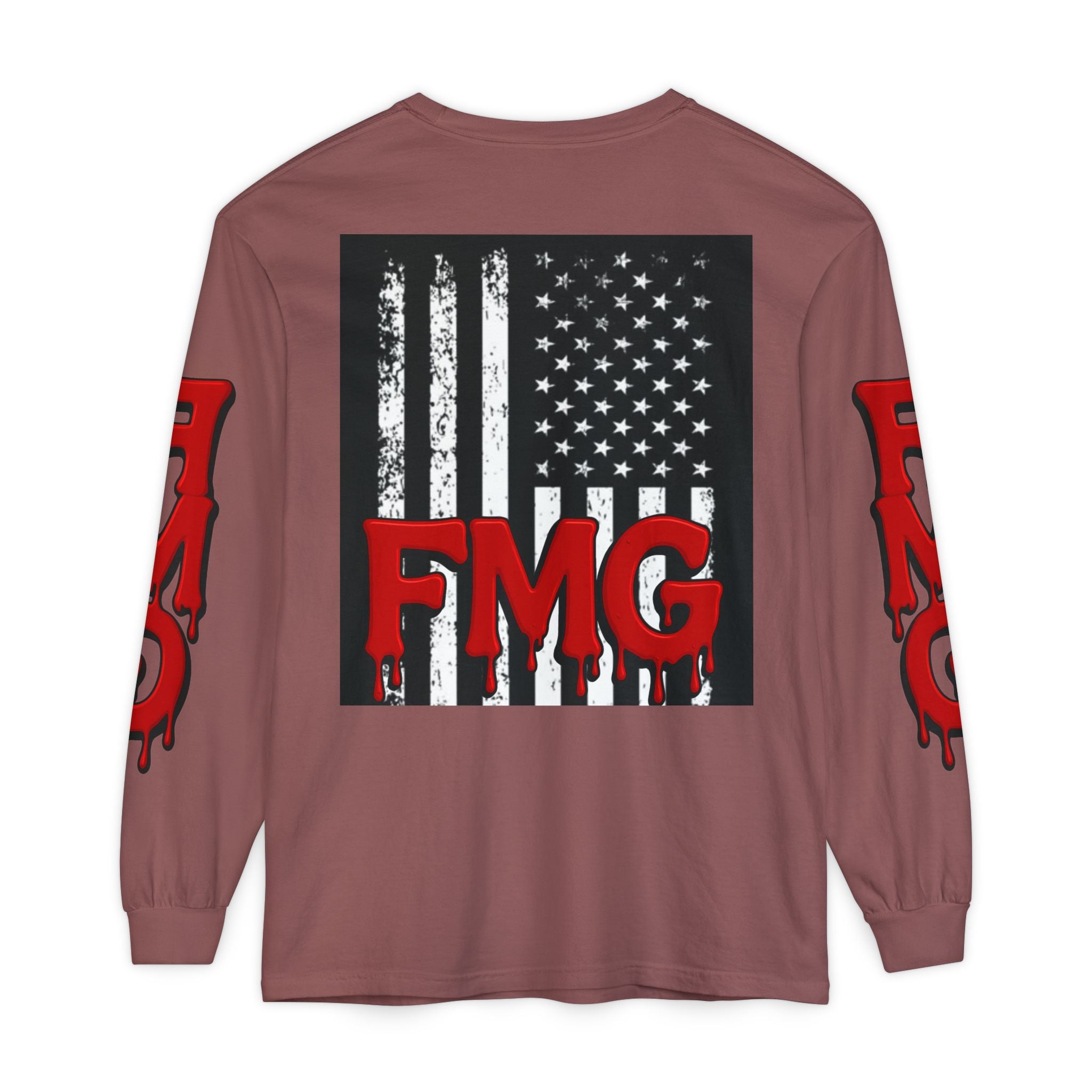 Long Sleeve T-Shirt — Distressed American Flag with Dripping "FMG" Sleeves