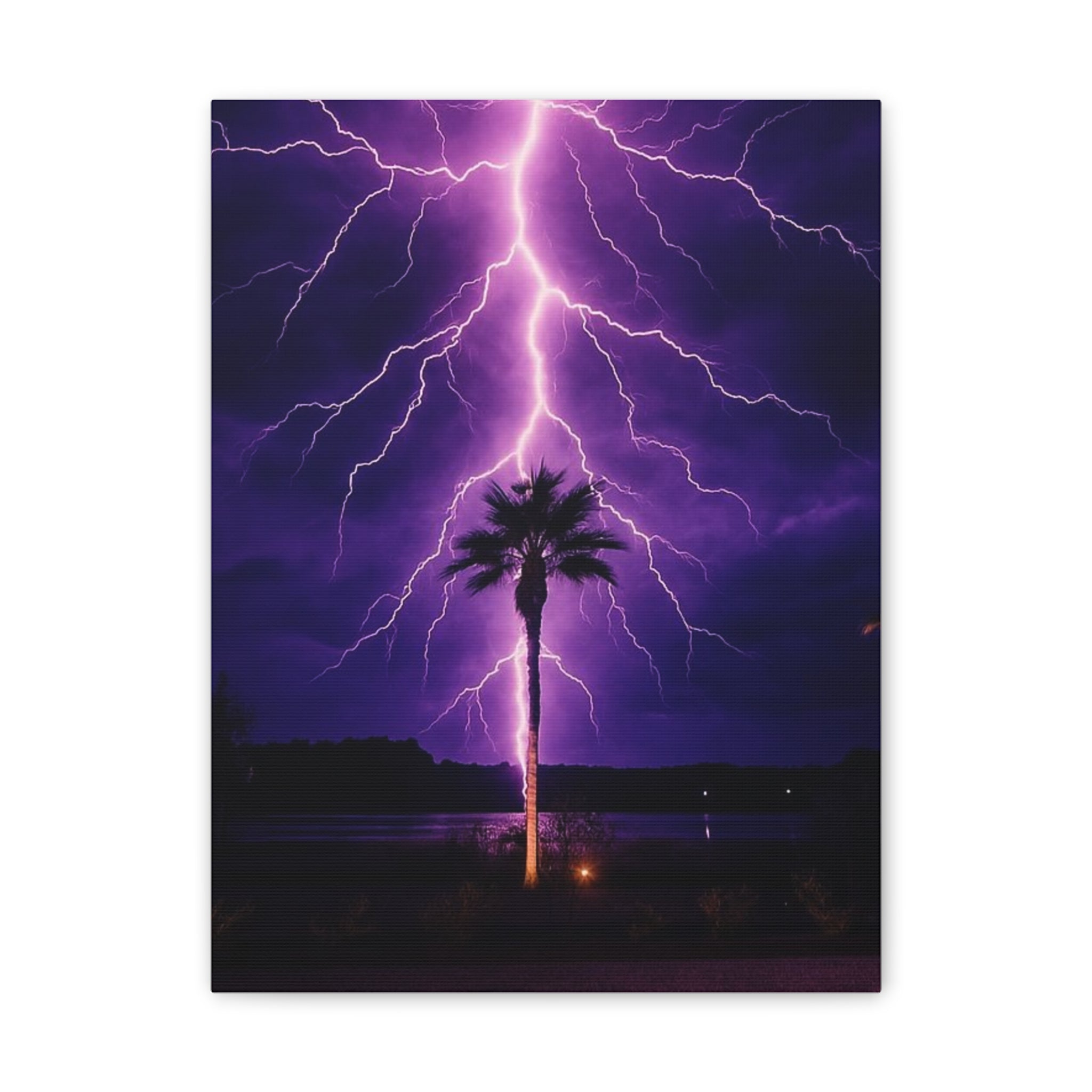 Purple Lightning Palm Tree Canvas Wall Art — Storm Photography Stretched Canvas