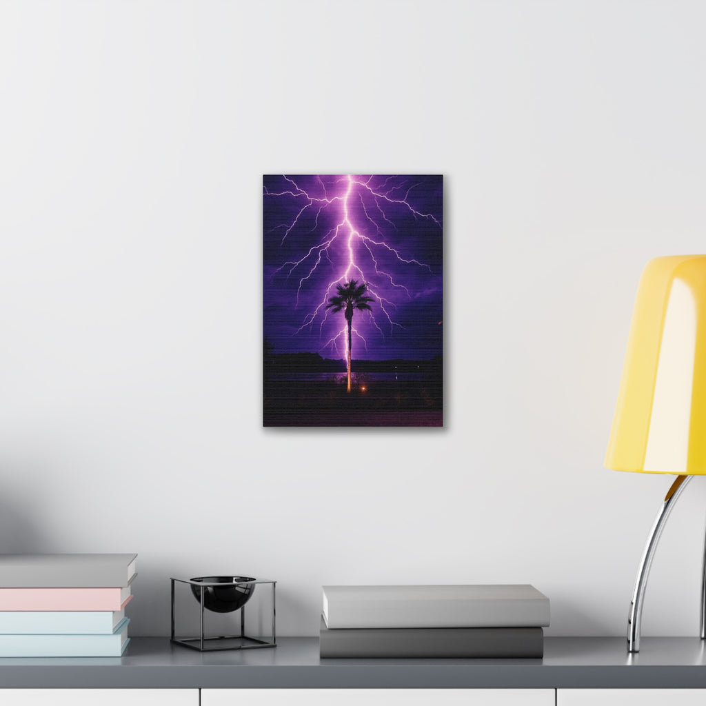 Purple Lightning Palm Tree Canvas Wall Art — Storm Photography Stretched Canvas