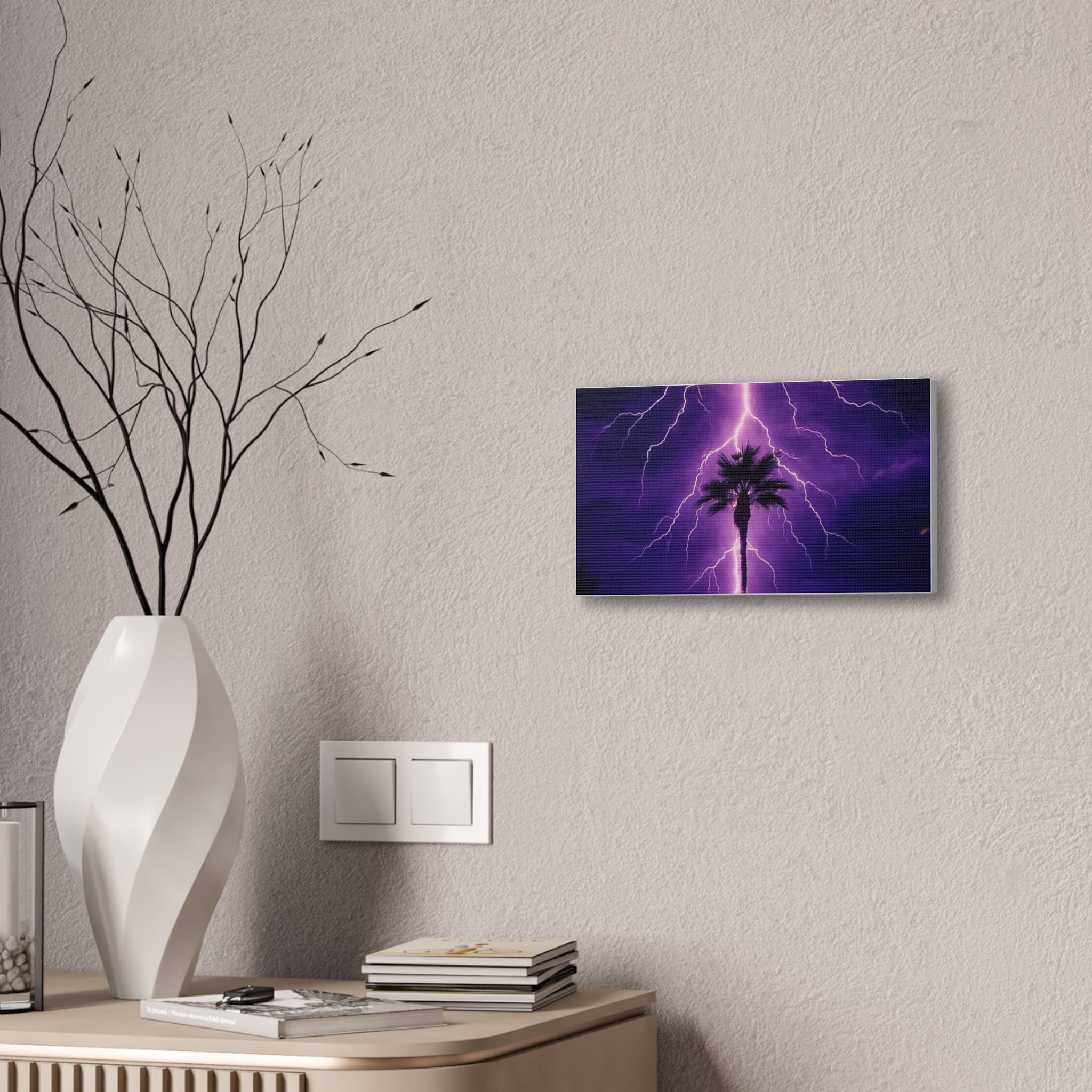 Purple Lightning Palm Tree Canvas Wall Art — Storm Photography Stretched Canvas