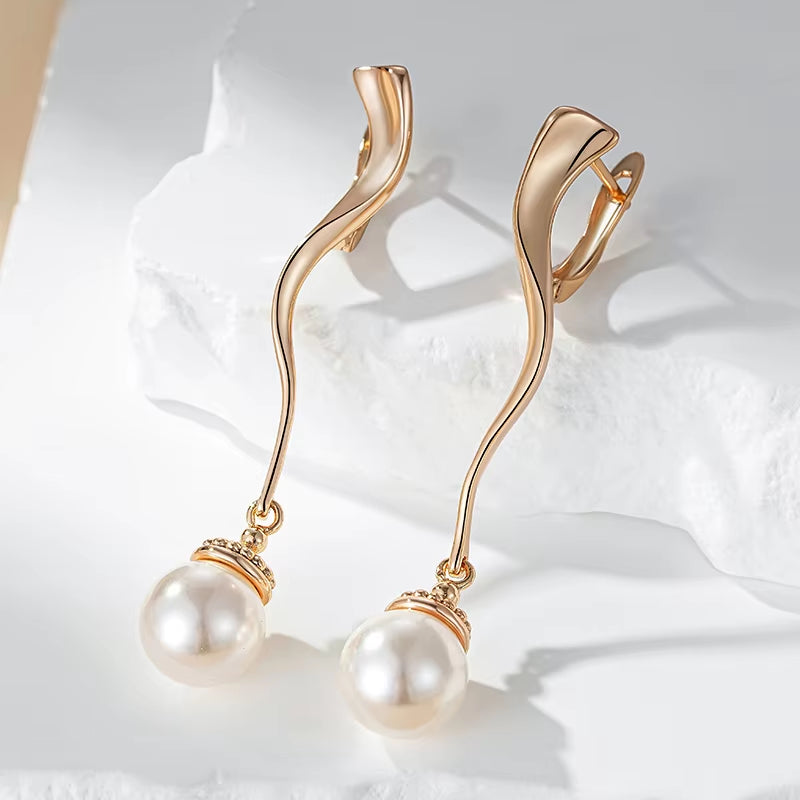 Unique Geometric Glossy Long Pearl Drop Earrings for Women Luxury 585 Rose Gold Color Accessories Party Daily Fine Jewelry