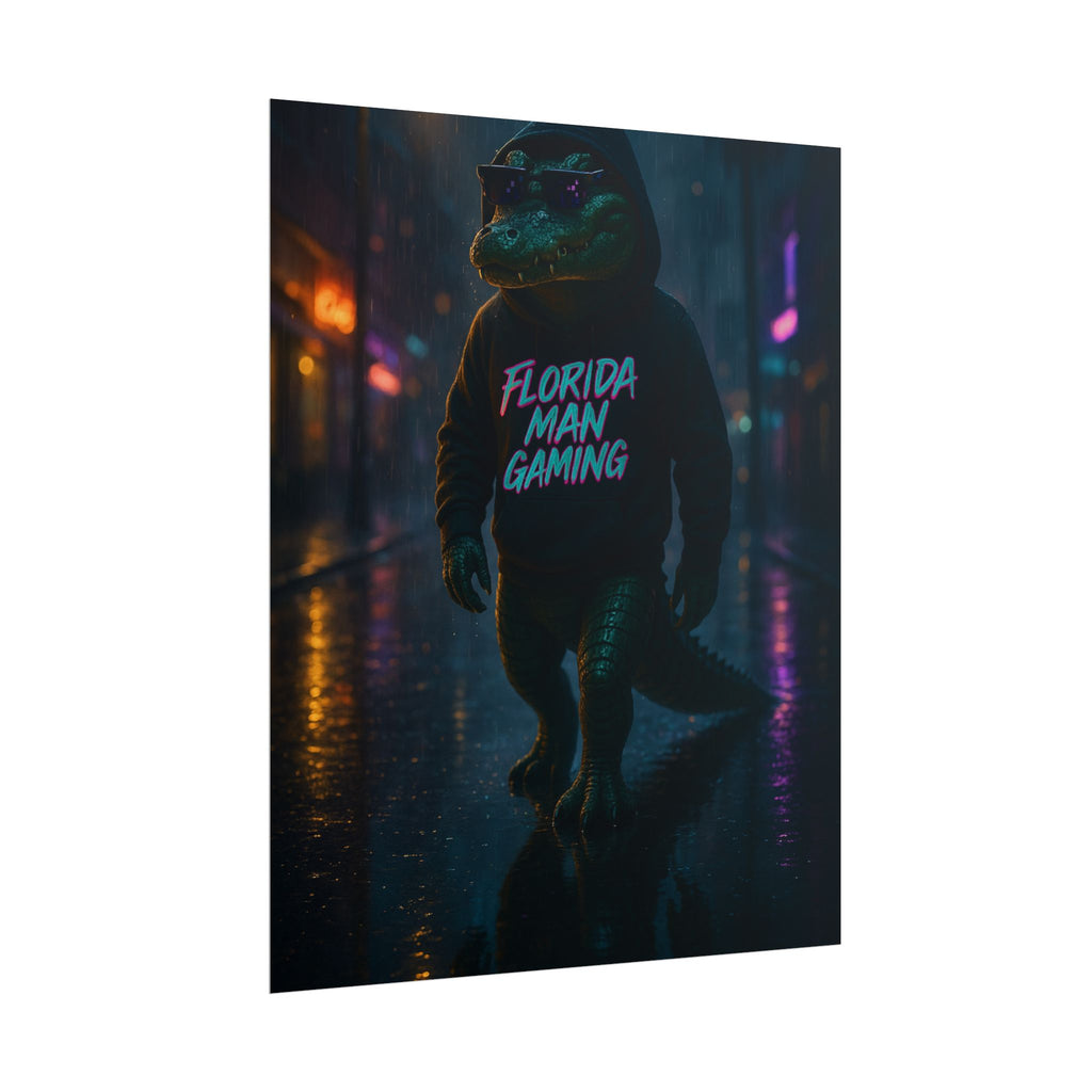 Rolled Posters - Florida Man Gaming Alligator Neon Cyberpunk Scene