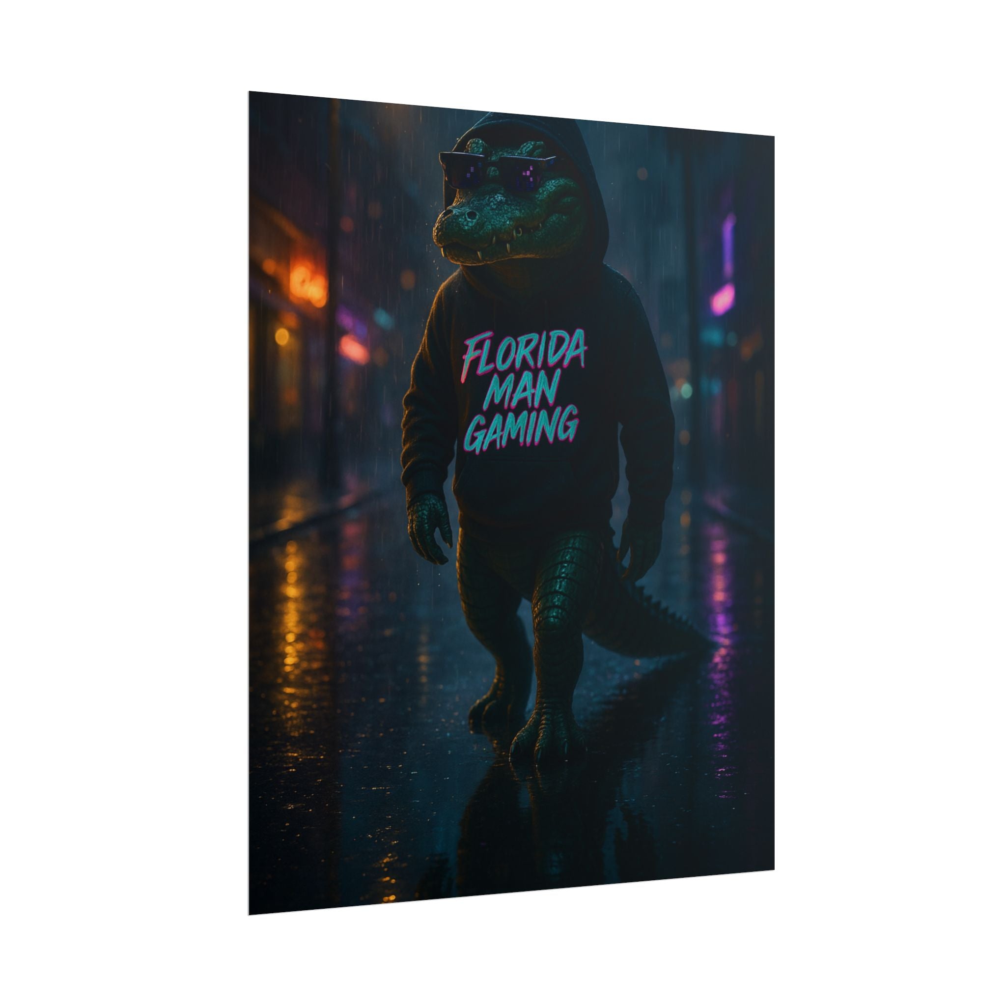 Rolled Posters - Florida Man Gaming Alligator Neon Cyberpunk Scene