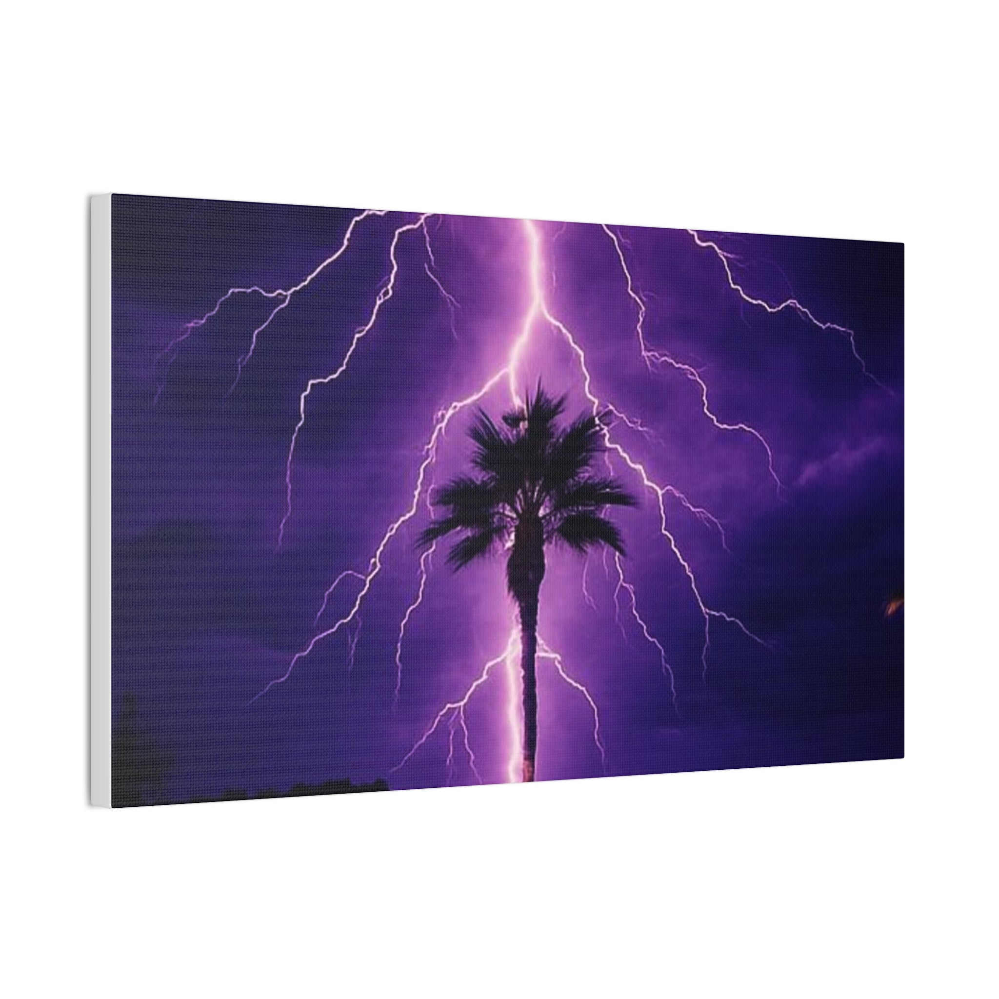 Purple Lightning Palm Tree Canvas Wall Art — Storm Photography Stretched Canvas