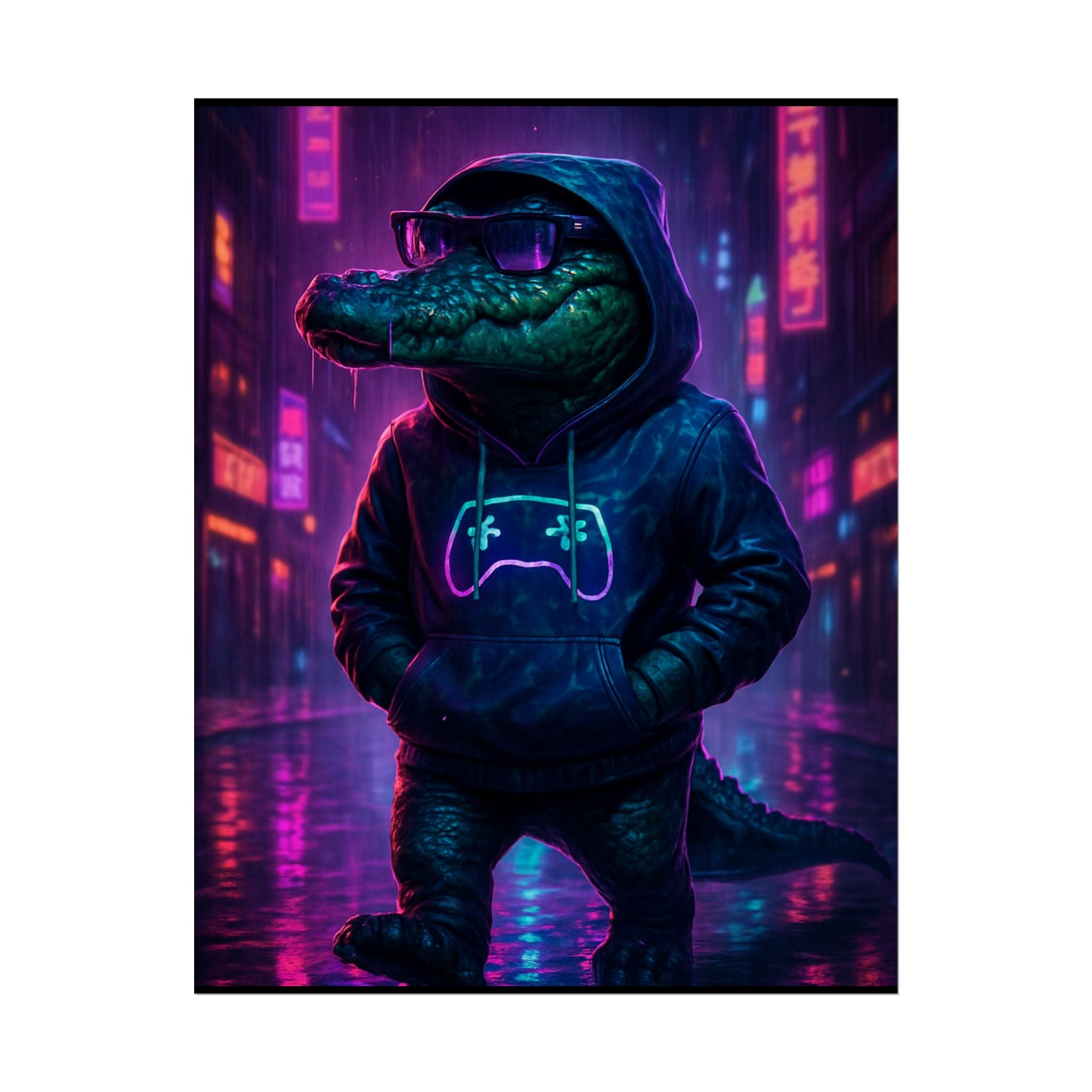 Rolled Posters - Florida Man Gaming Alligator Neon Gamer Hoodie Poster Print