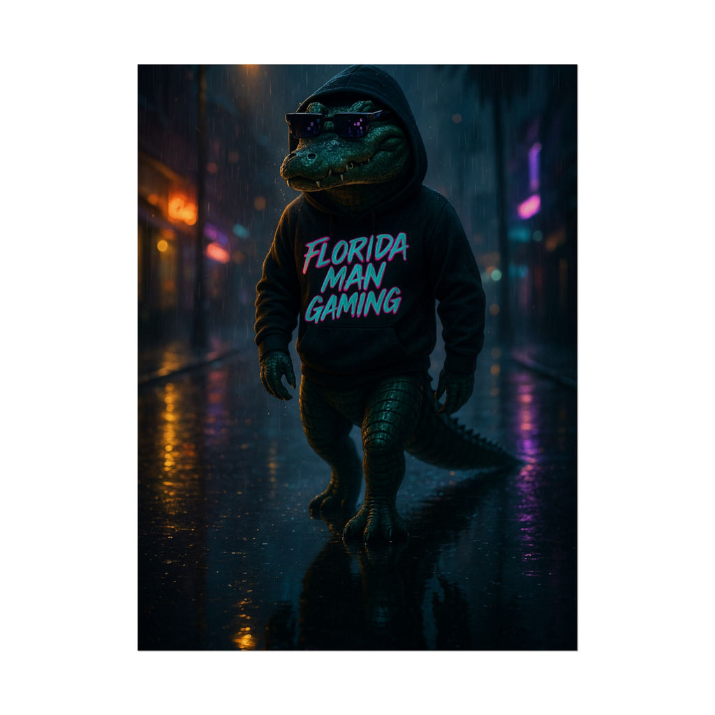 Rolled Posters - Florida Man Gaming Alligator Neon Cyberpunk Scene