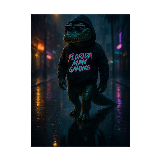 Rolled Posters - Florida Man Gaming Alligator Neon Cyberpunk Scene