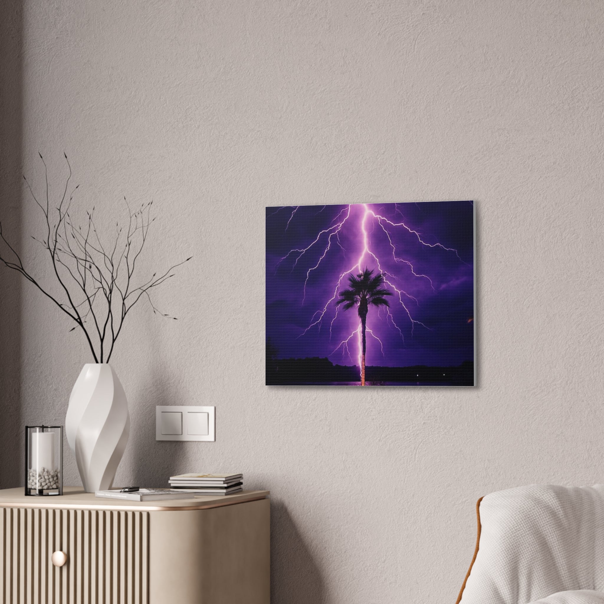 Purple Lightning Palm Tree Canvas Wall Art — Storm Photography Stretched Canvas