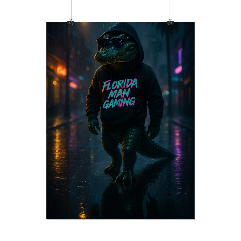 Rolled Posters - Florida Man Gaming Alligator Neon Cyberpunk Scene