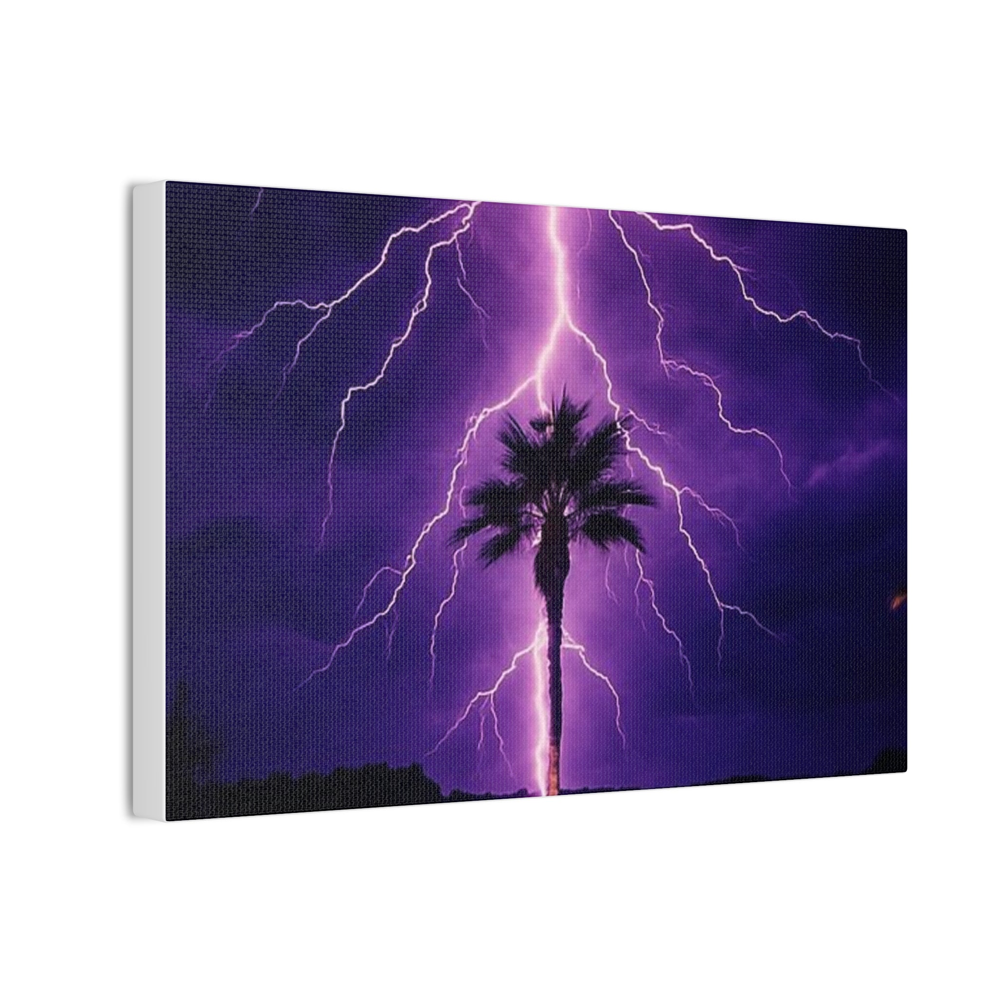 Purple Lightning Palm Tree Canvas Wall Art — Storm Photography Stretched Canvas