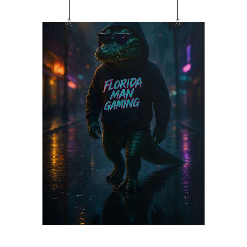 Rolled Posters - Florida Man Gaming Alligator Neon Cyberpunk Scene