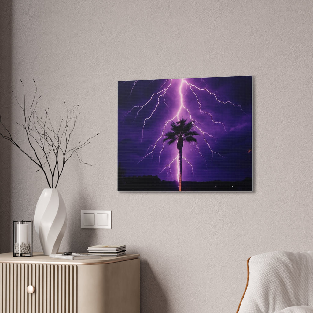 Purple Lightning Palm Tree Canvas Wall Art — Storm Photography Stretched Canvas