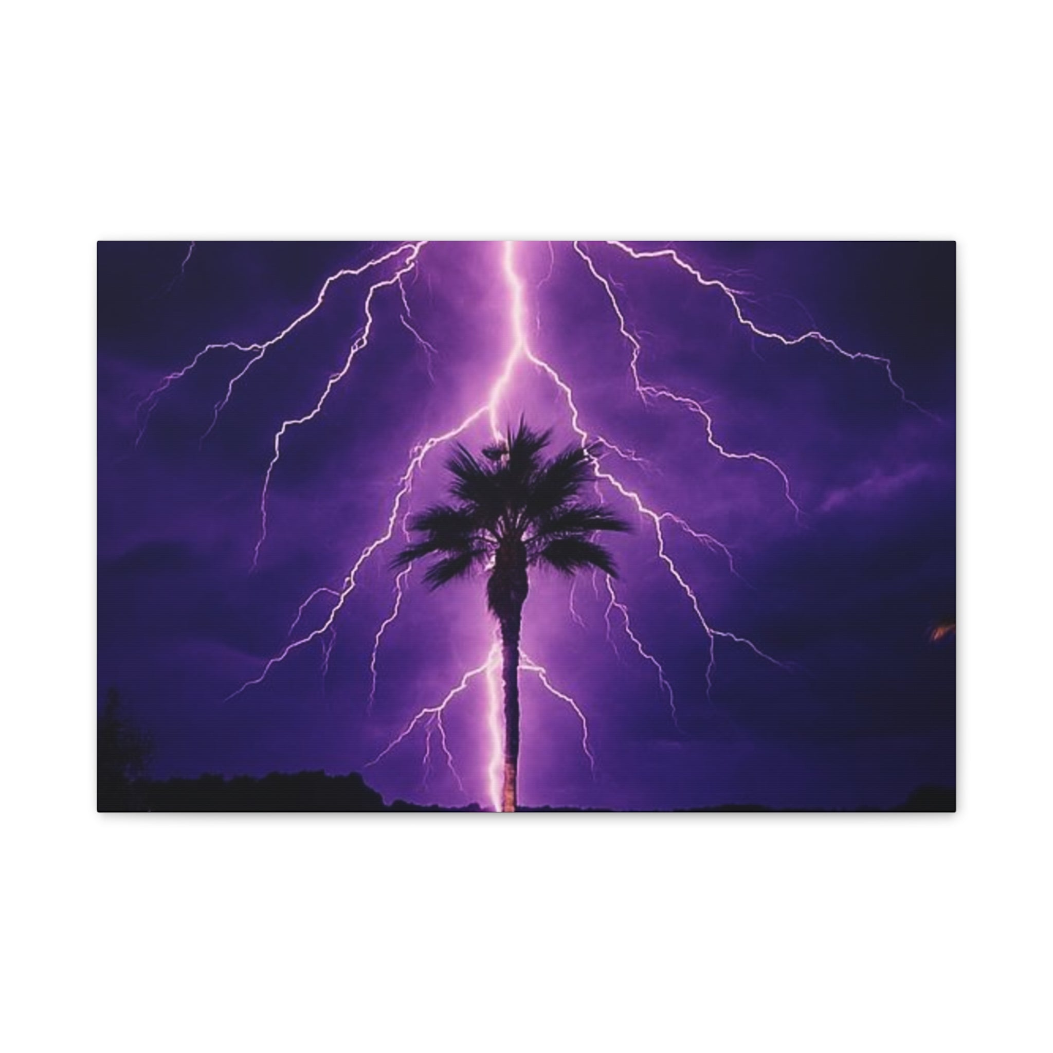 Purple Lightning Palm Tree Canvas Wall Art — Storm Photography Stretched Canvas