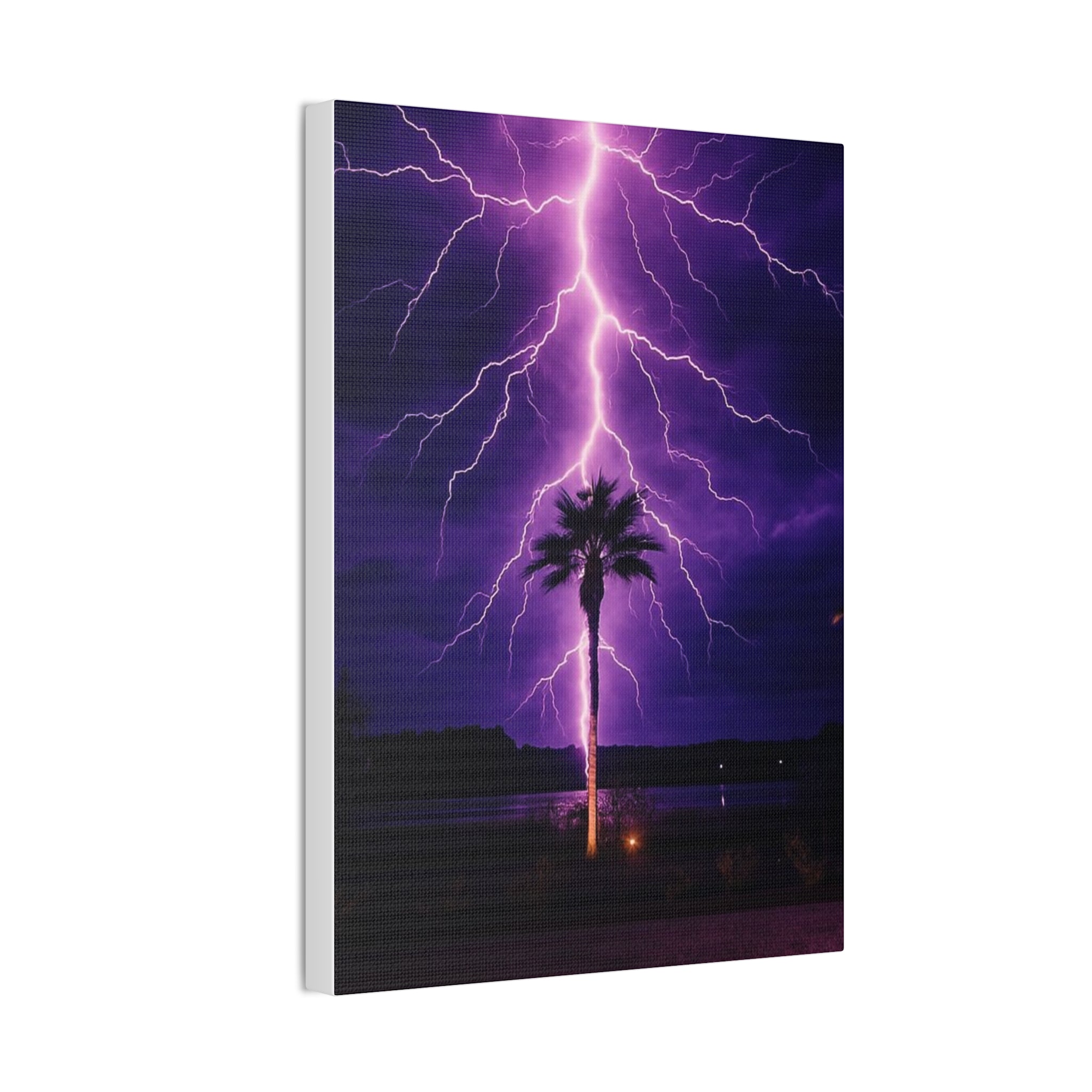 Purple Lightning Palm Tree Canvas Wall Art — Storm Photography Stretched Canvas