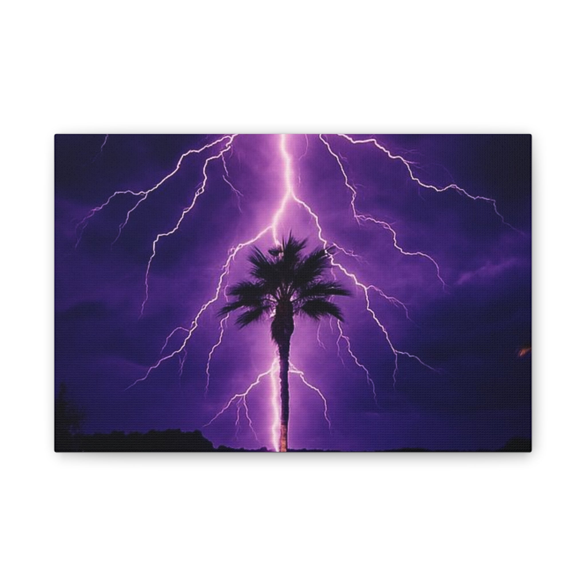 Purple Lightning Palm Tree Canvas Wall Art — Storm Photography Stretched Canvas