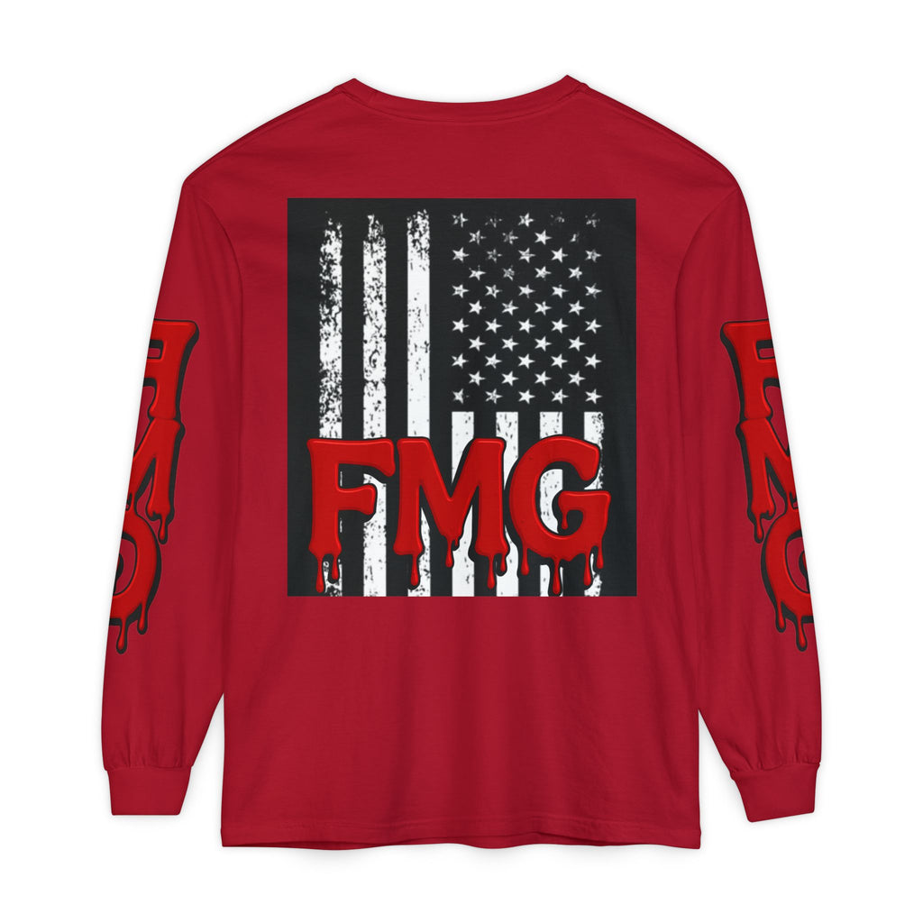 Long Sleeve T-Shirt — Distressed American Flag with Dripping "FMG" Sleeves