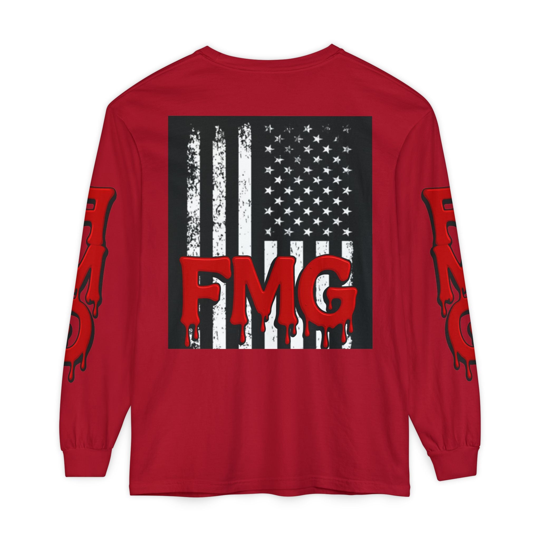 Long Sleeve T-Shirt — Distressed American Flag with Dripping "FMG" Sleeves