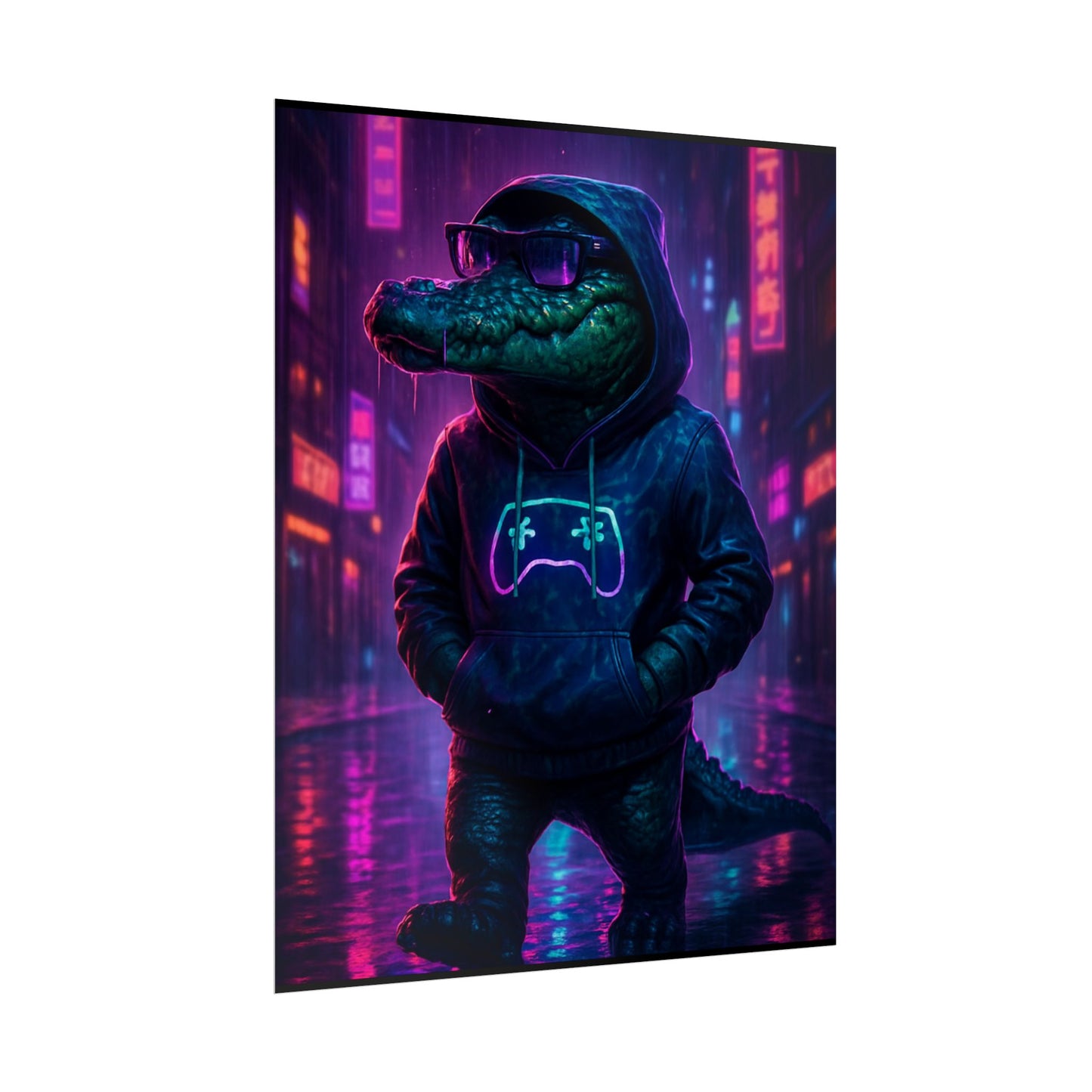 Rolled Posters - Florida Man Gaming Alligator Neon Gamer Hoodie Poster Print