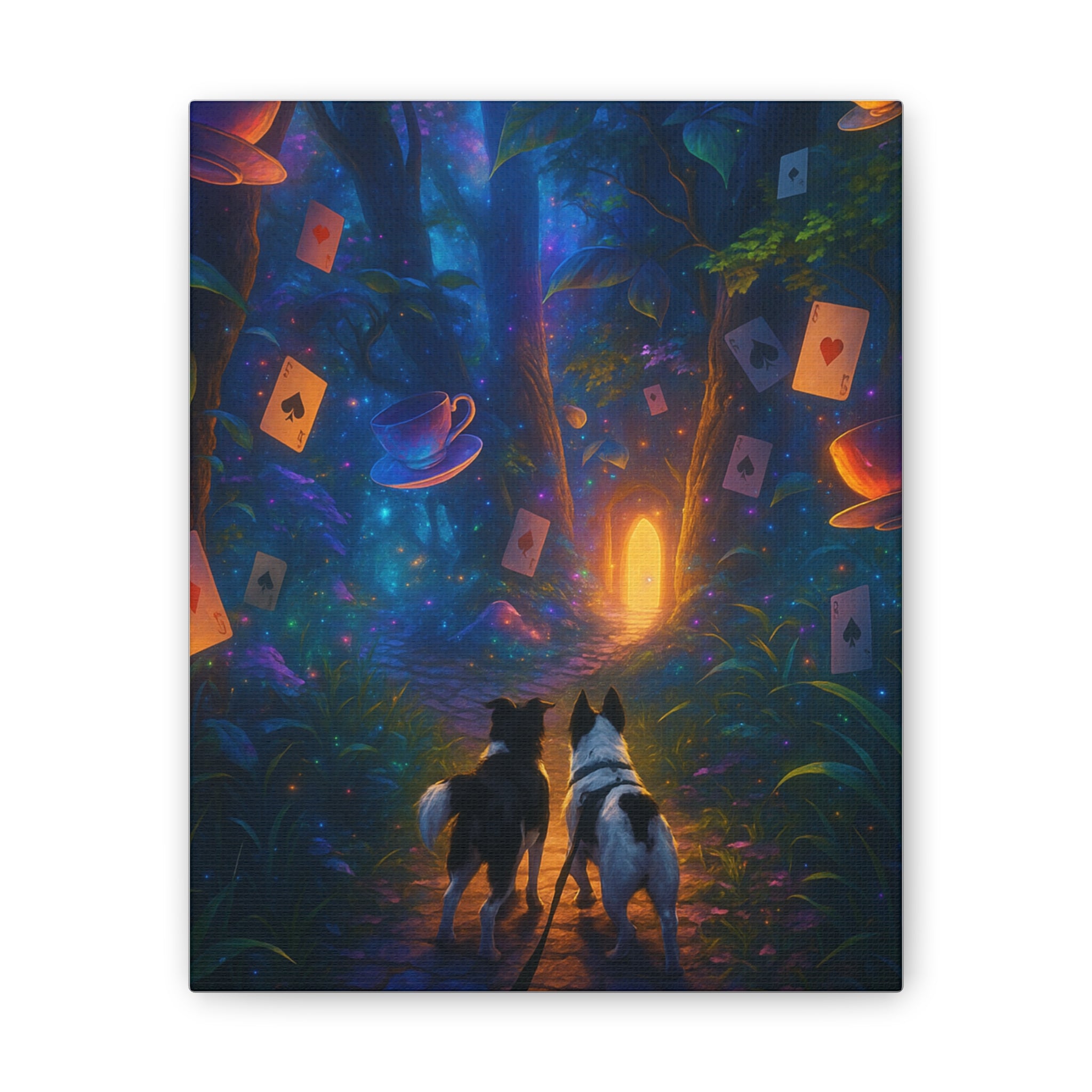 Magic Forest Canvas Wall Art — Dogs Exploring Wonderland with Glowing Door & Floating Playing Cards