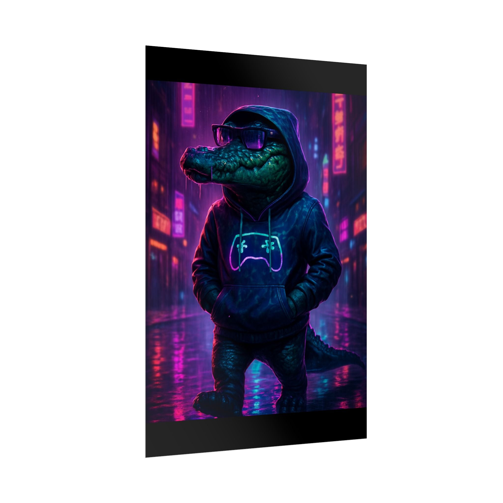 Rolled Posters - Florida Man Gaming Alligator Neon Gamer Hoodie Poster Print