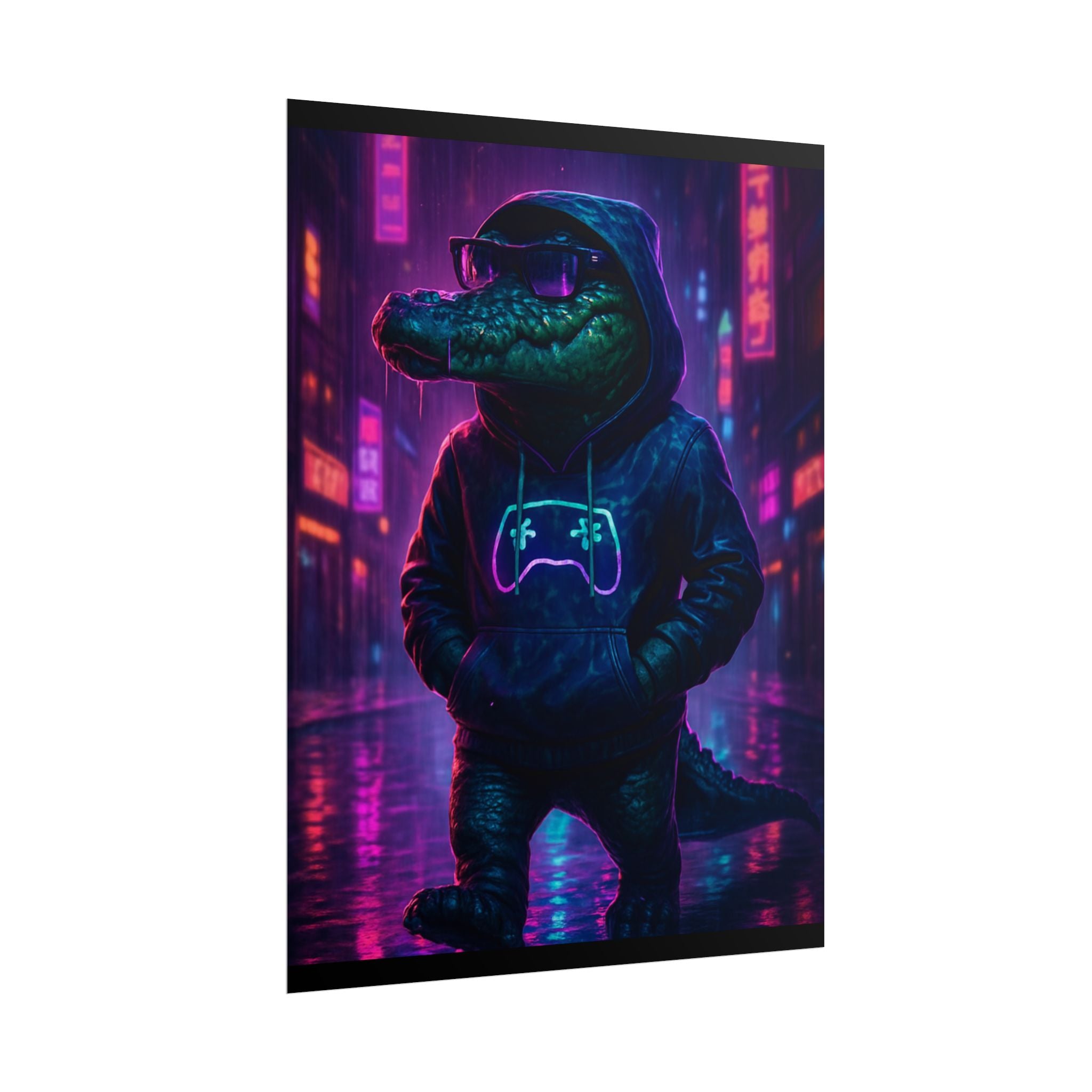 Rolled Posters - Florida Man Gaming Alligator Neon Gamer Hoodie Poster Print