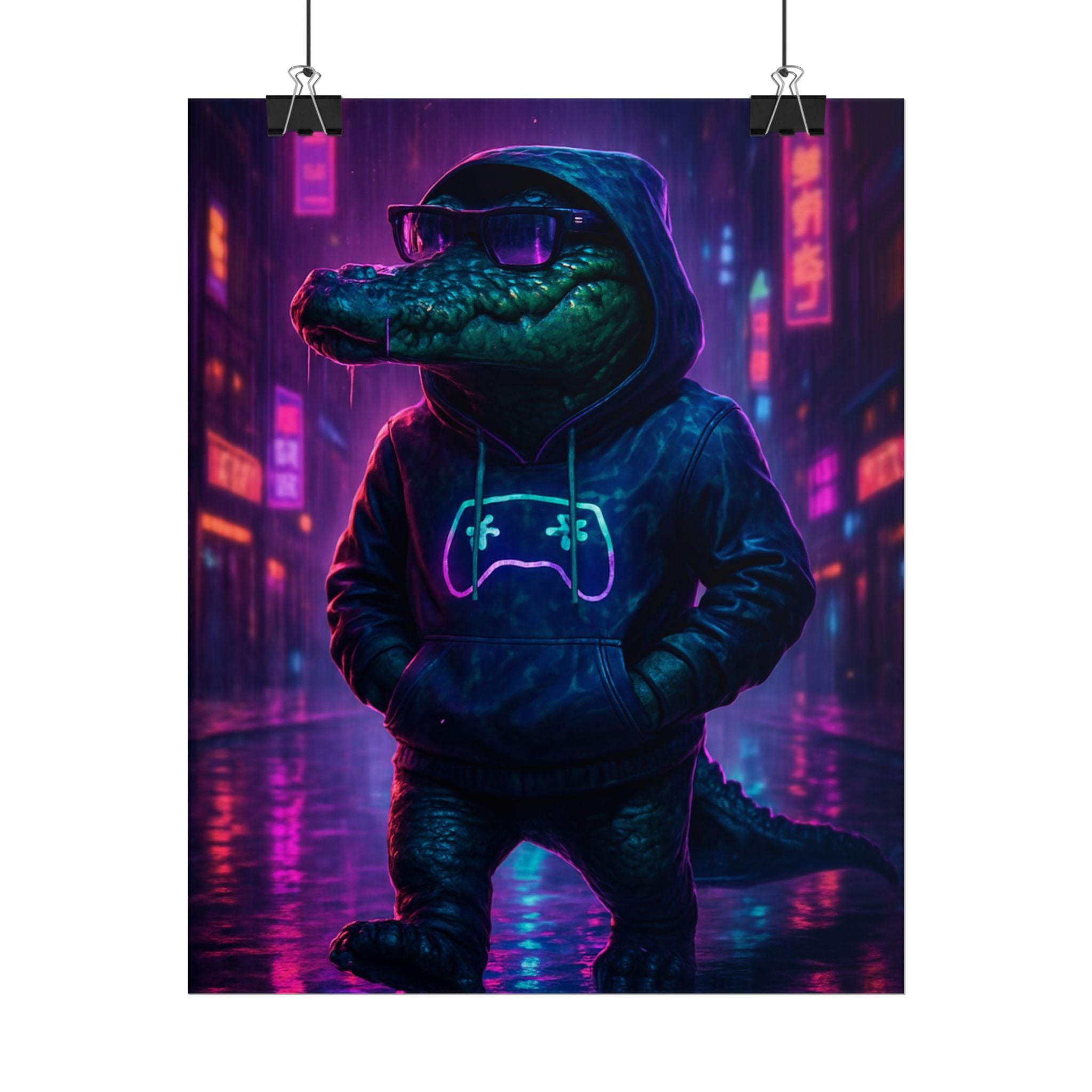 Rolled Posters - Florida Man Gaming Alligator Neon Gamer Hoodie Poster Print