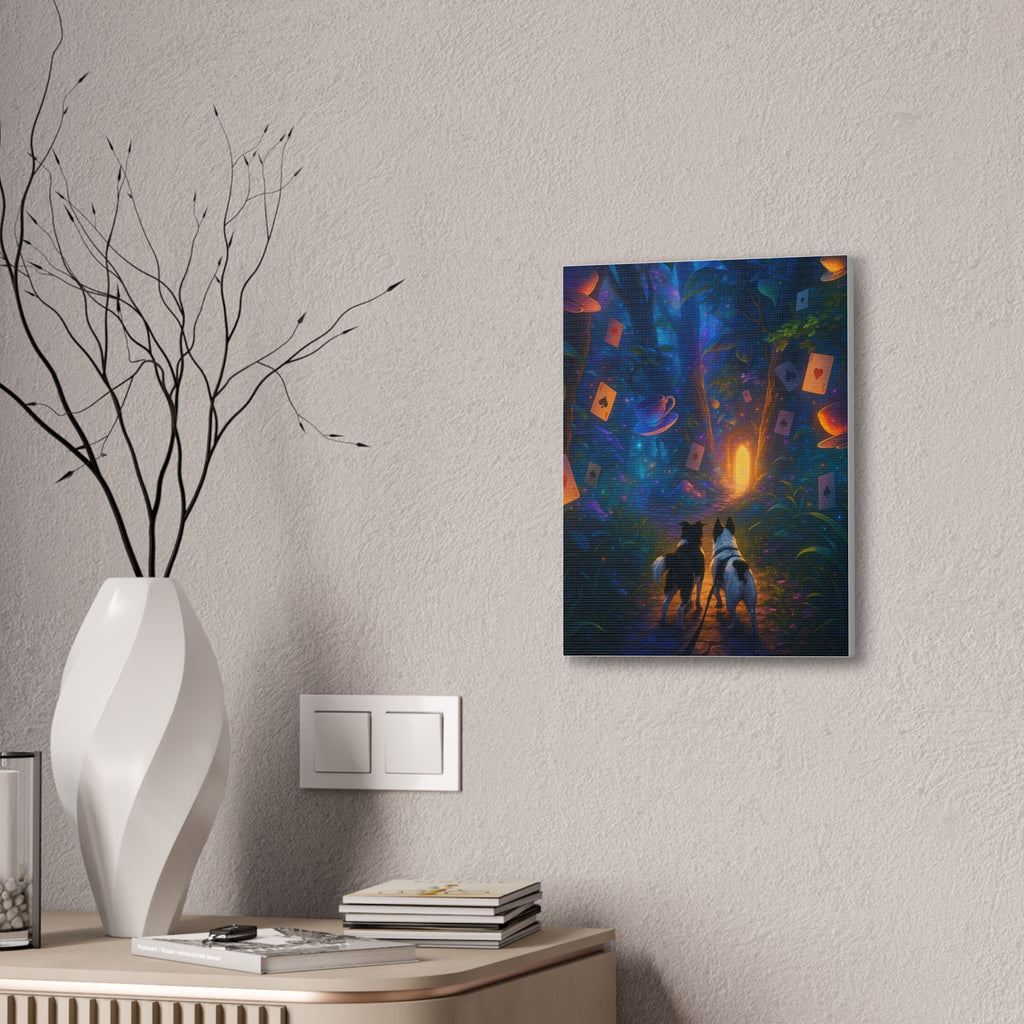 Magic Forest Canvas Wall Art — Dogs Exploring Wonderland with Glowing Door & Floating Playing Cards