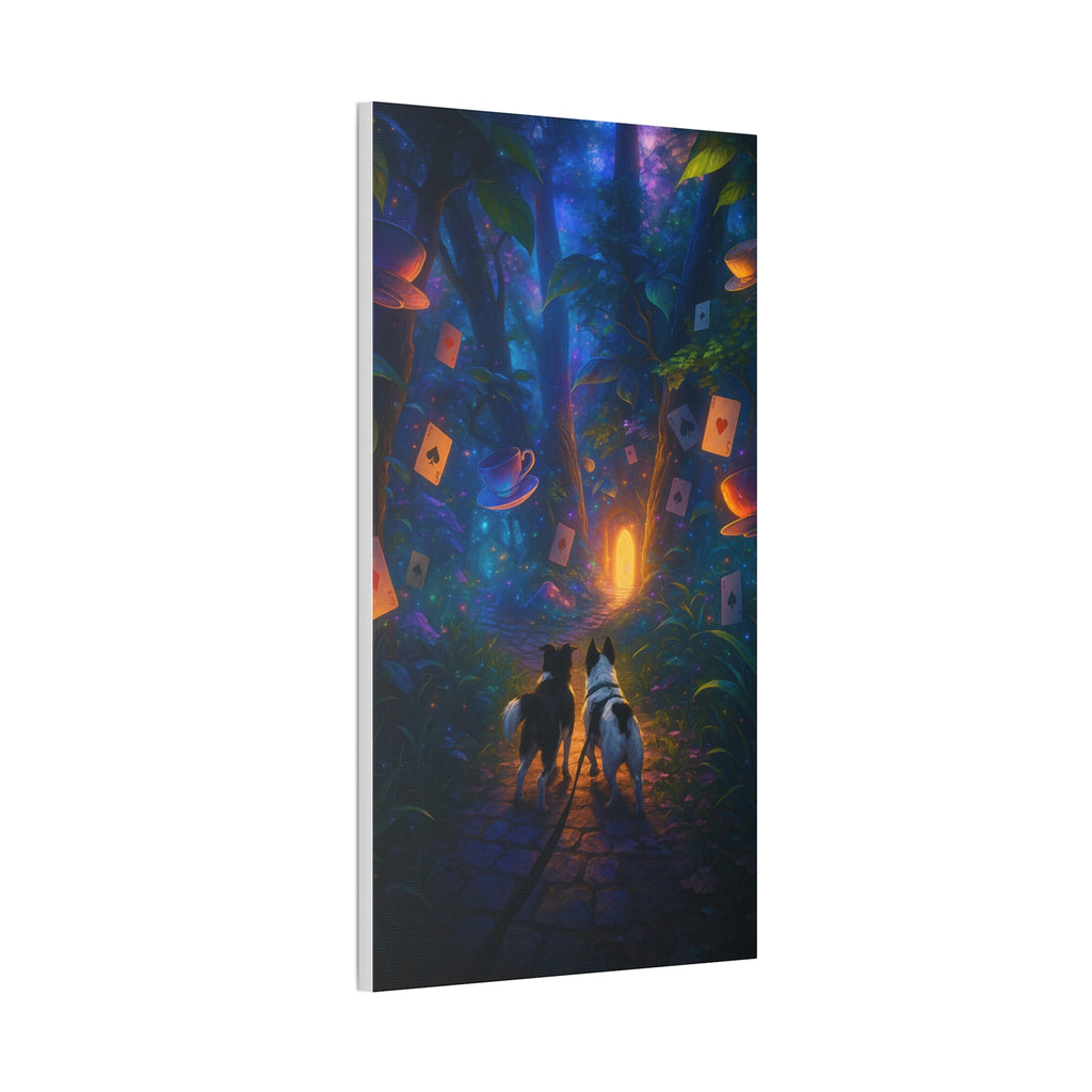 Magic Forest Canvas Wall Art — Dogs Exploring Wonderland with Glowing Door & Floating Playing Cards