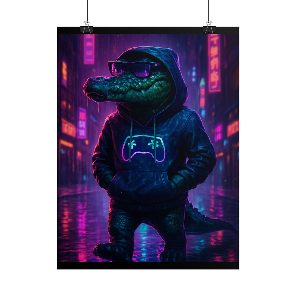 Rolled Posters - Florida Man Gaming Alligator Neon Gamer Hoodie Poster Print