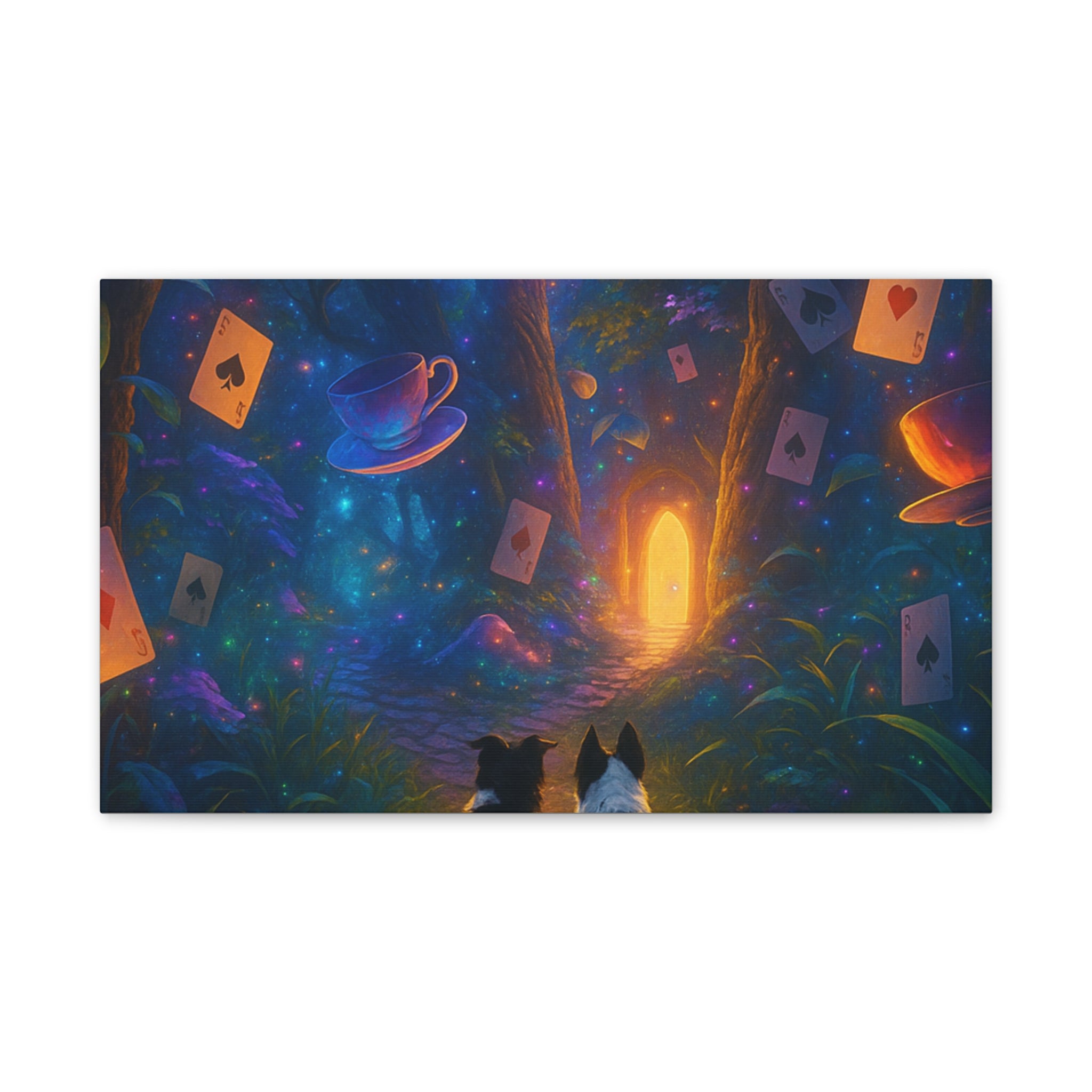 Magic Forest Canvas Wall Art — Dogs Exploring Wonderland with Glowing Door & Floating Playing Cards