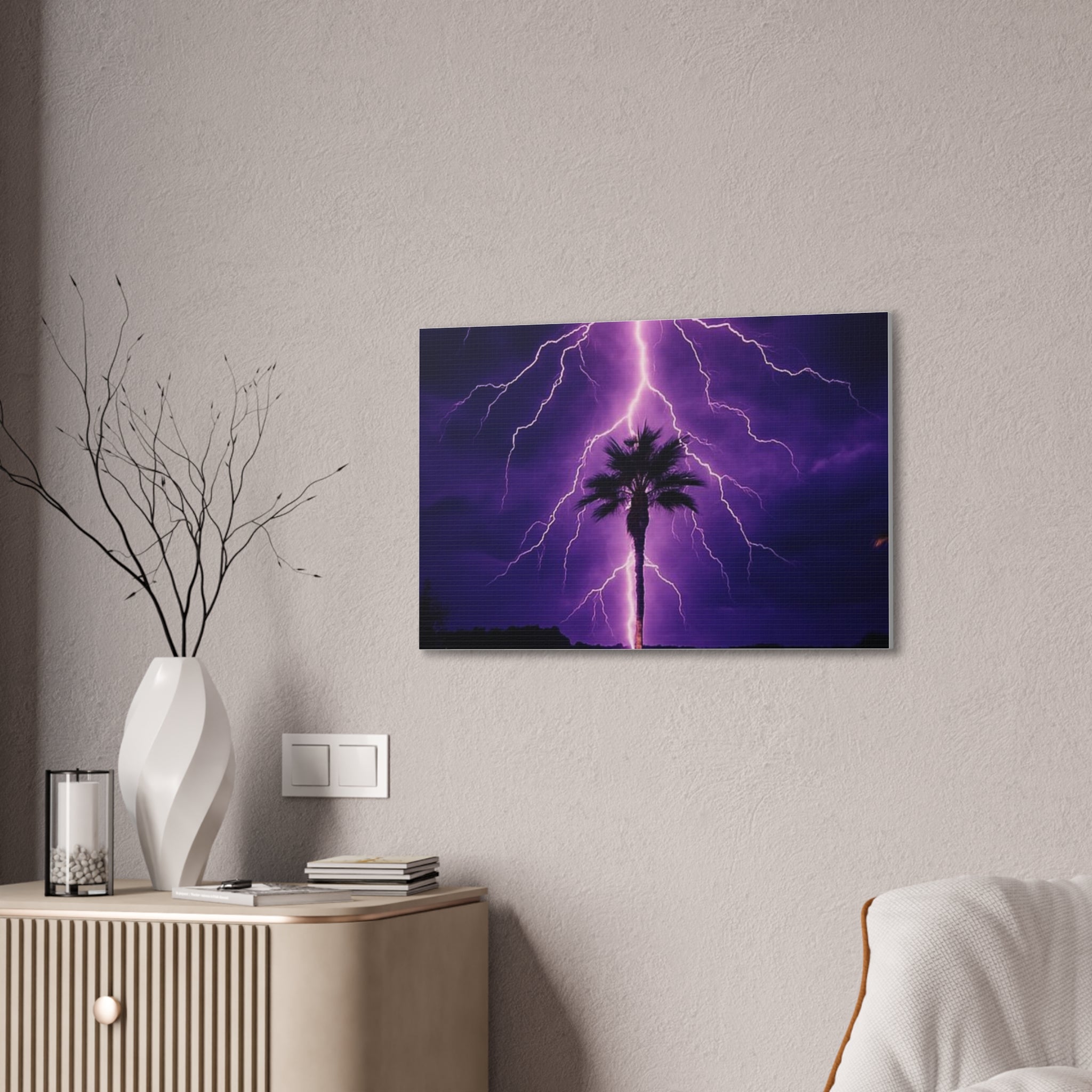 Purple Lightning Palm Tree Canvas Wall Art — Storm Photography Stretched Canvas