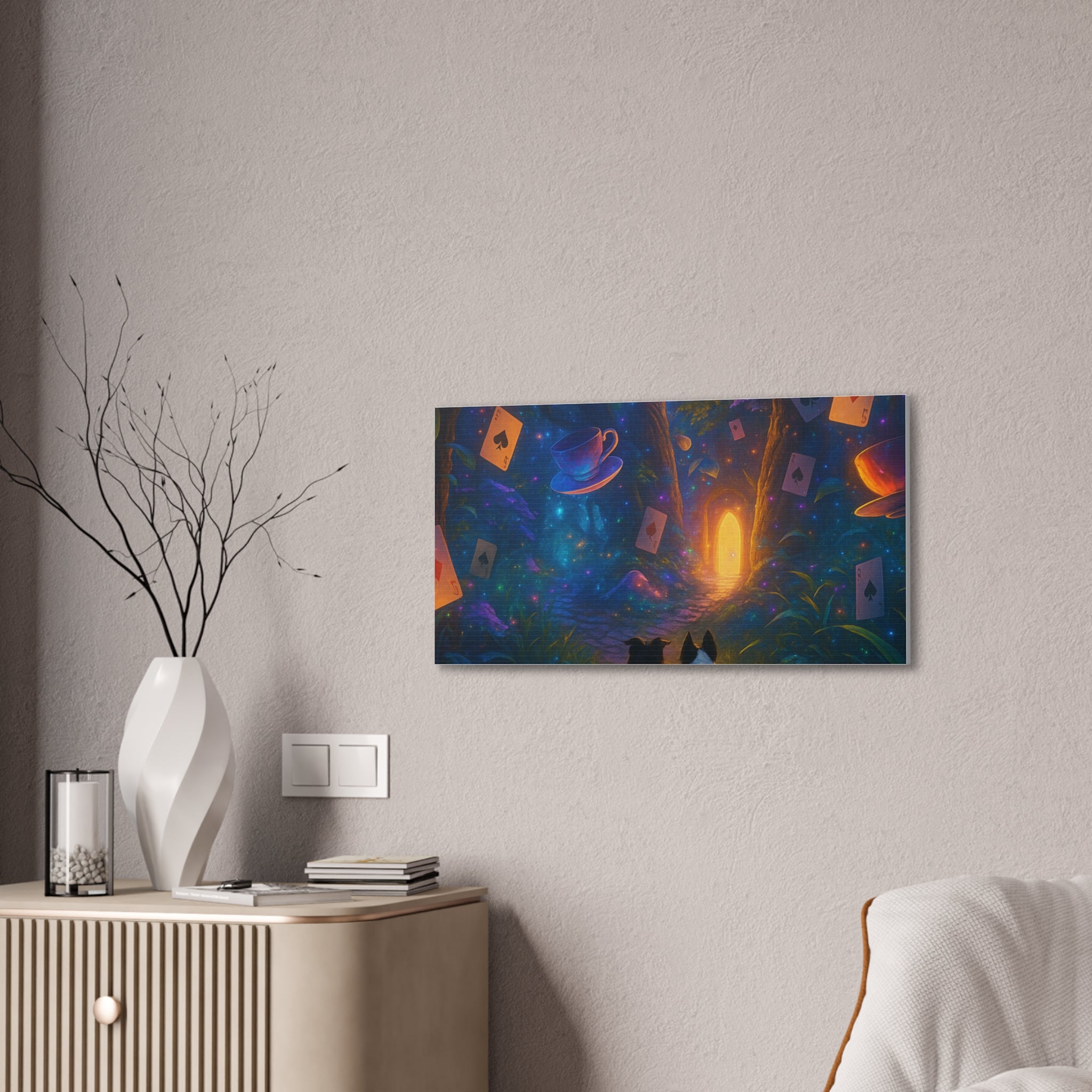 Magic Forest Canvas Wall Art — Dogs Exploring Wonderland with Glowing Door & Floating Playing Cards