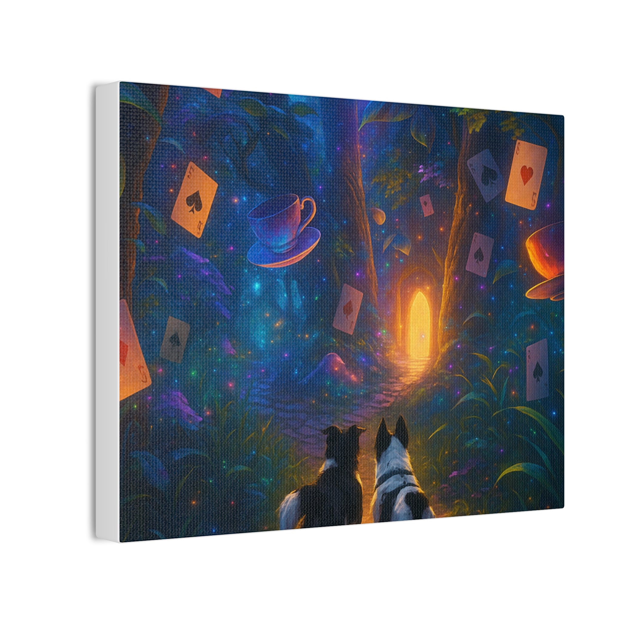 Magic Forest Canvas Wall Art — Dogs Exploring Wonderland with Glowing Door & Floating Playing Cards