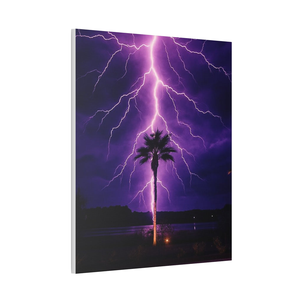 Purple Lightning Palm Tree Canvas Wall Art — Storm Photography Stretched Canvas