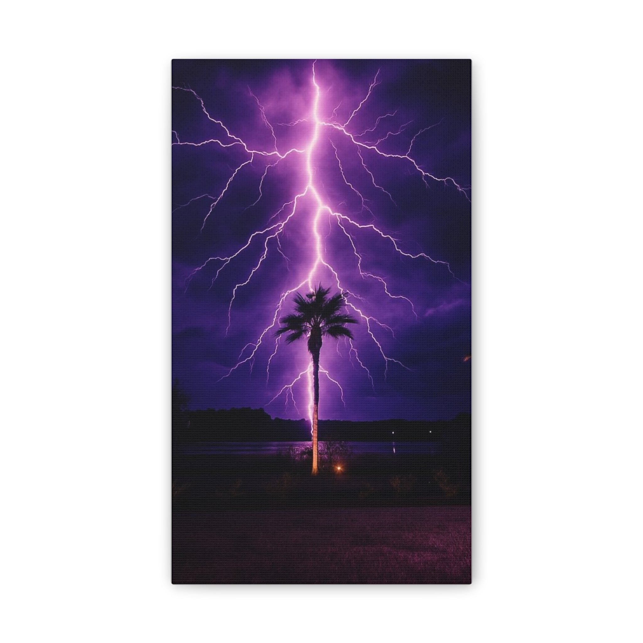Purple Lightning Palm Tree Canvas Wall Art — Storm Photography Stretched Canvas