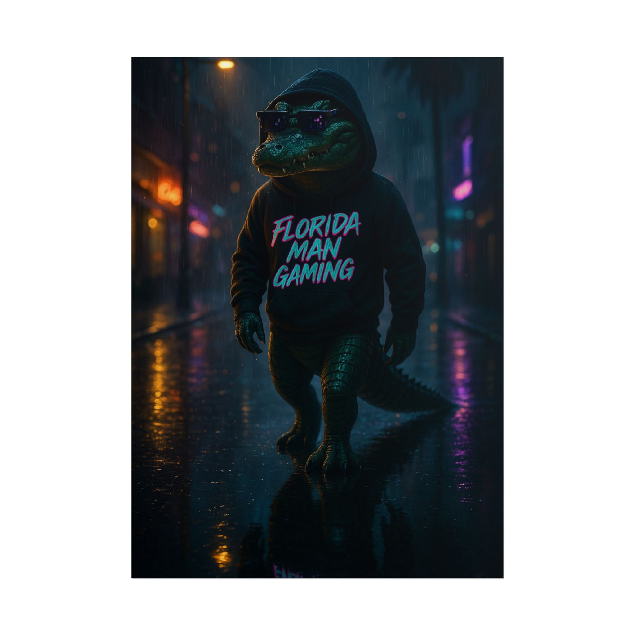Rolled Posters - Florida Man Gaming Alligator Neon Cyberpunk Scene