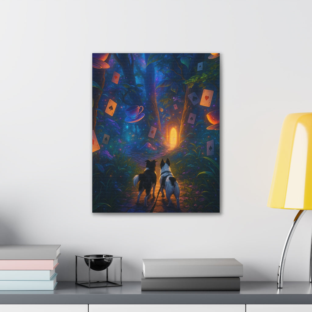 Magic Forest Canvas Wall Art — Dogs Exploring Wonderland with Glowing Door & Floating Playing Cards