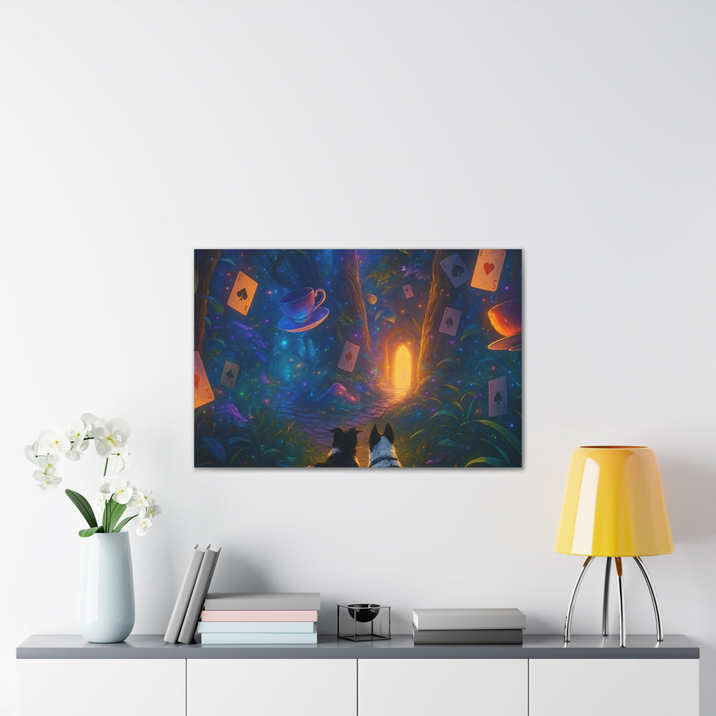 Magic Forest Canvas Wall Art — Dogs Exploring Wonderland with Glowing Door & Floating Playing Cards
