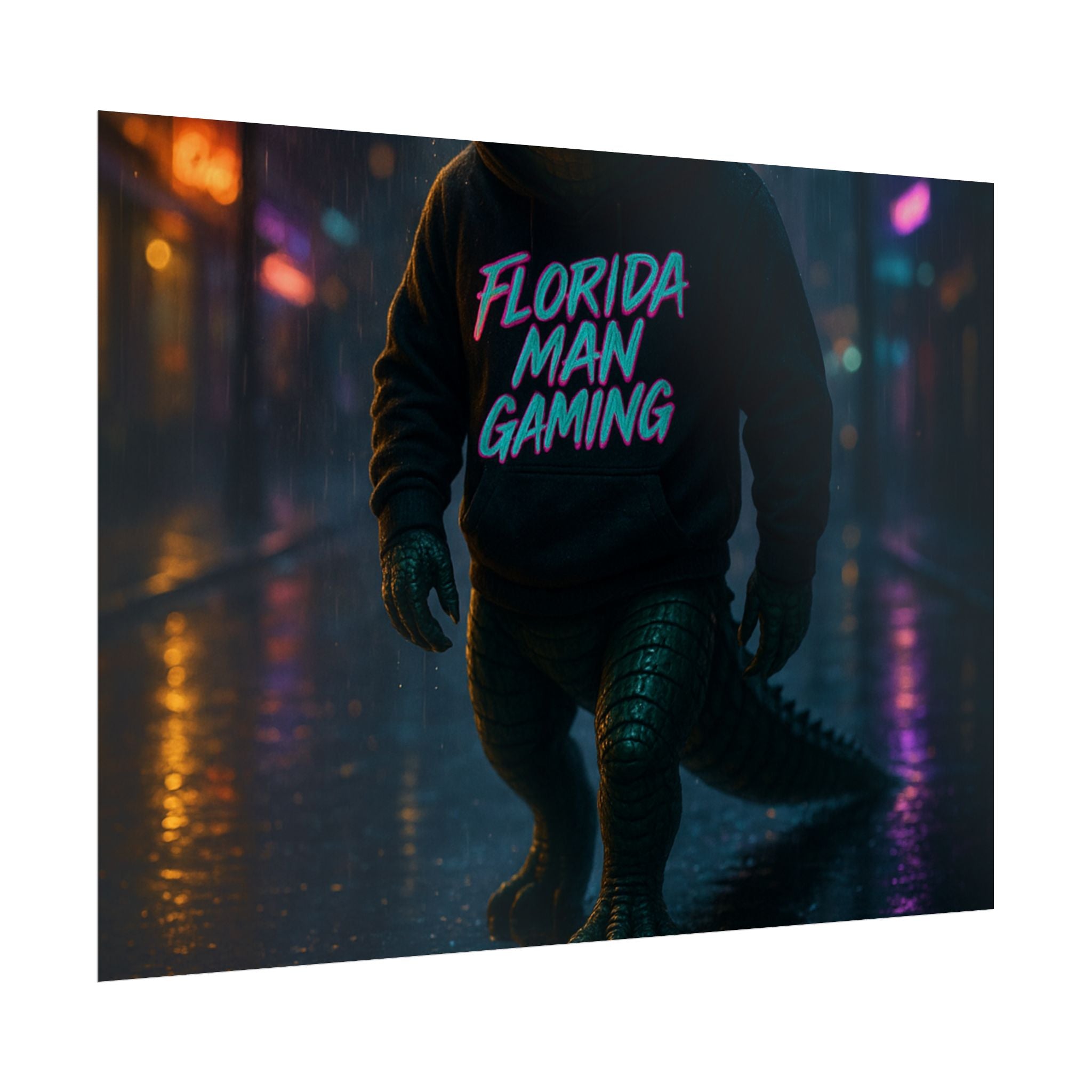 Rolled Posters - Florida Man Gaming Alligator Neon Cyberpunk Scene