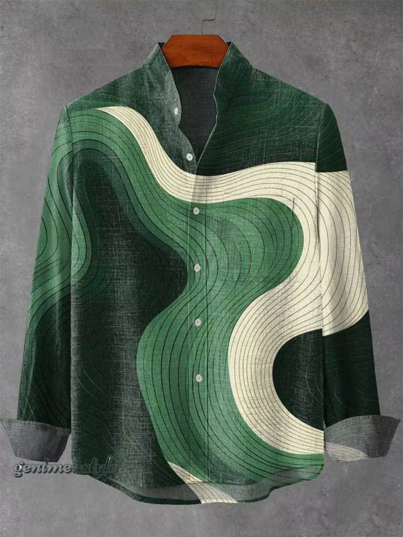 2025 Spring and Autumn Men'S Fashion Stand Collar Linen Long Sleeved Shirt Elegant Fragmented Pattern Printed Top