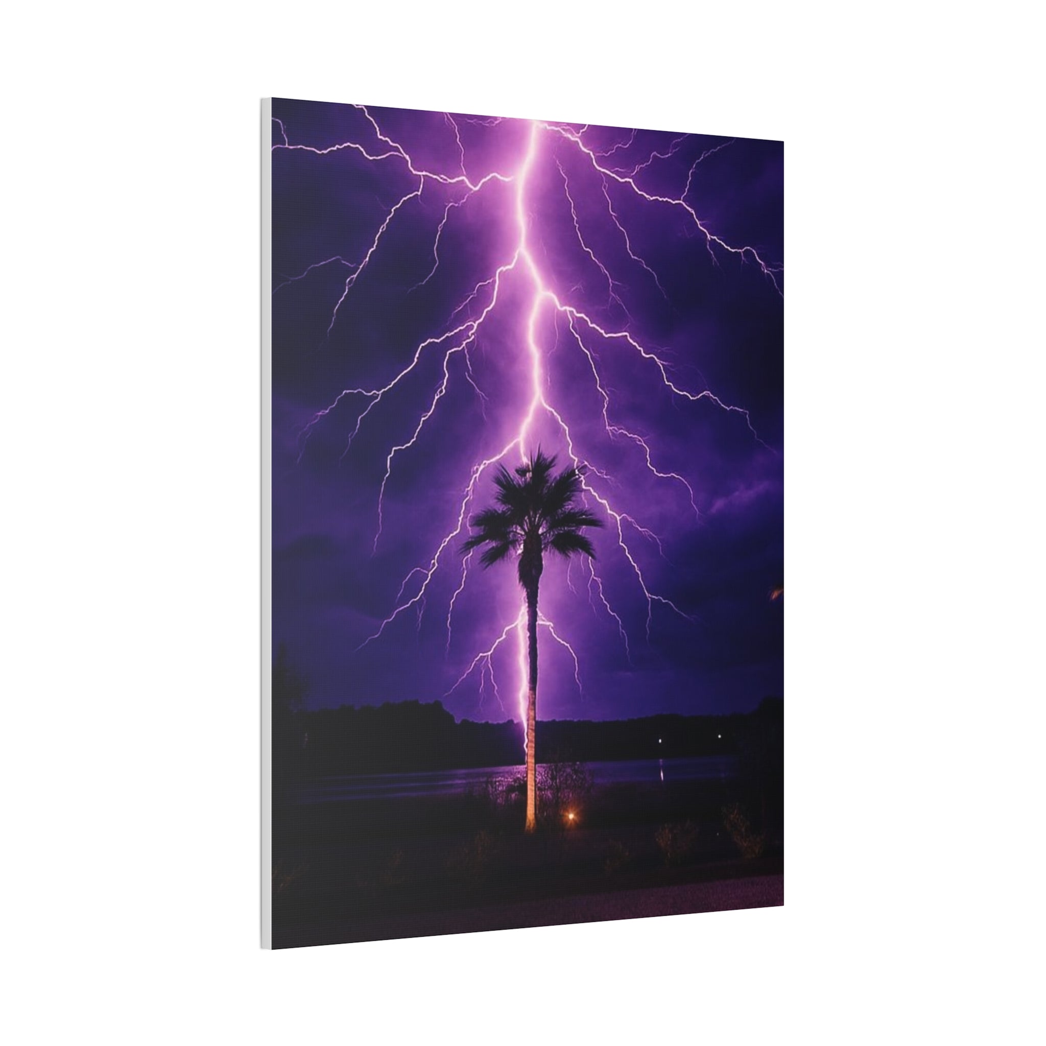 Purple Lightning Palm Tree Canvas Wall Art — Storm Photography Stretched Canvas