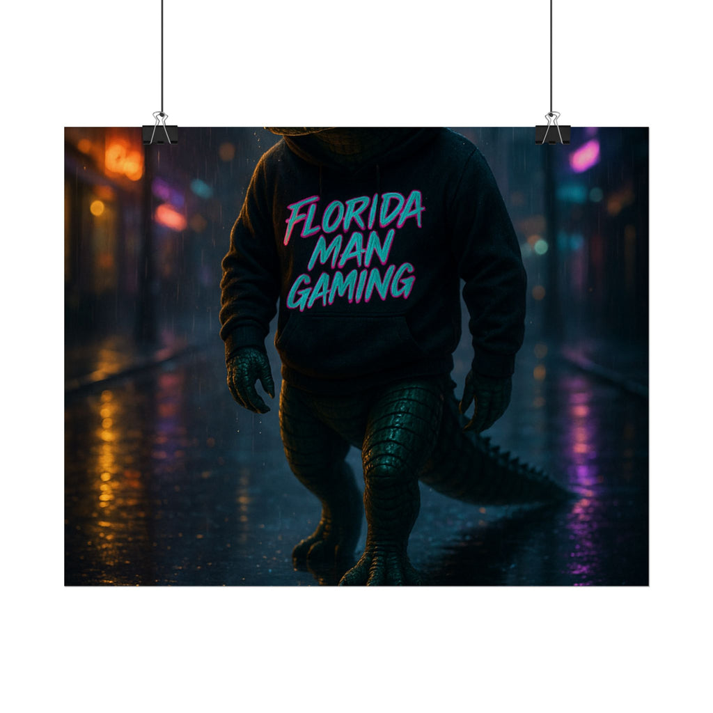 Rolled Posters - Florida Man Gaming Alligator Neon Cyberpunk Scene