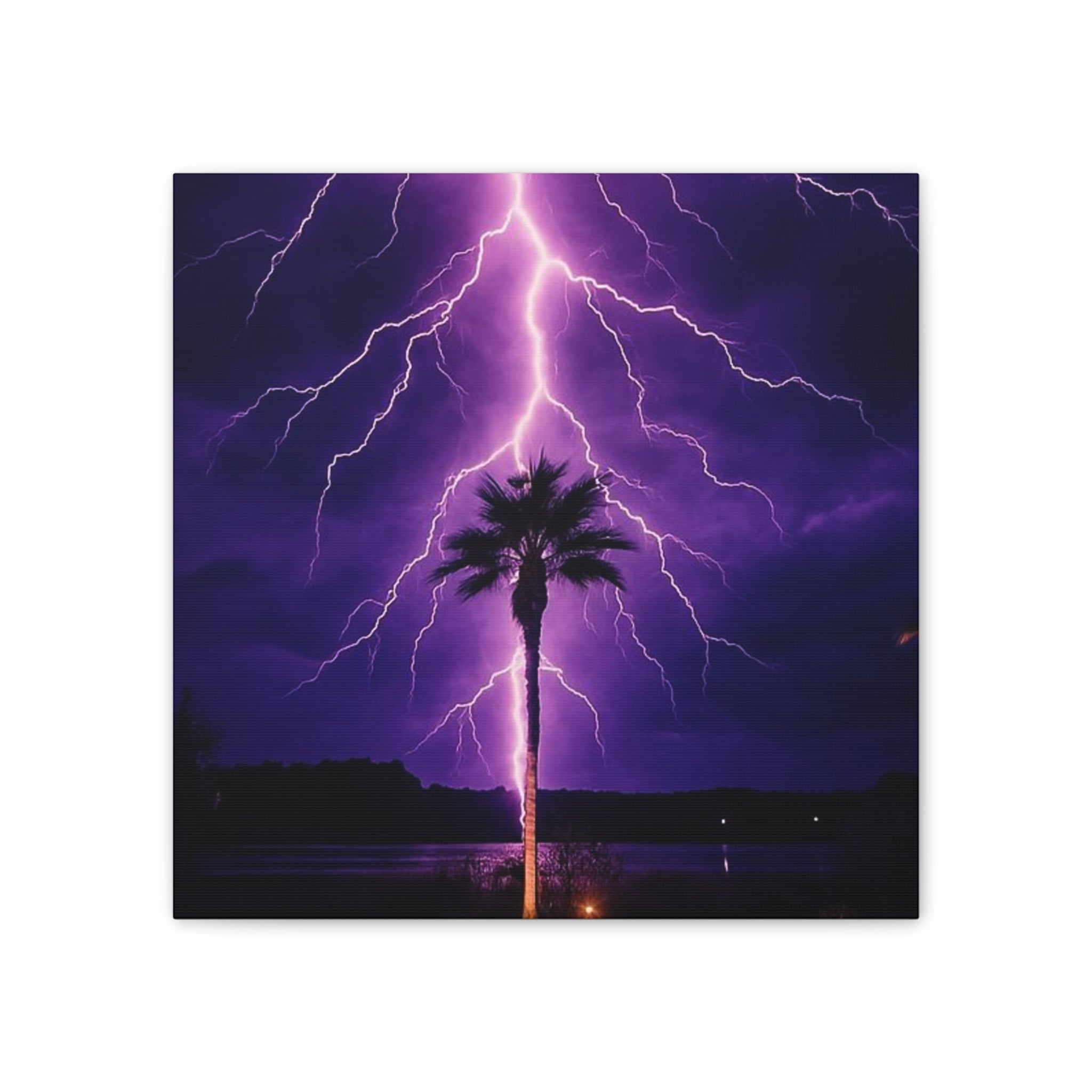 Purple Lightning Palm Tree Canvas Wall Art — Storm Photography Stretched Canvas
