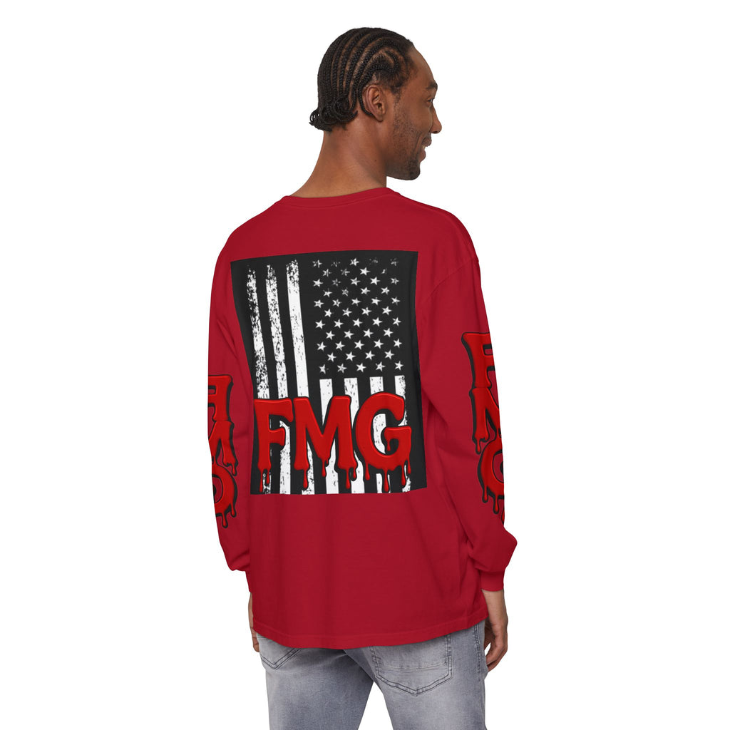 Long Sleeve T-Shirt — Distressed American Flag with Dripping "FMG" Sleeves