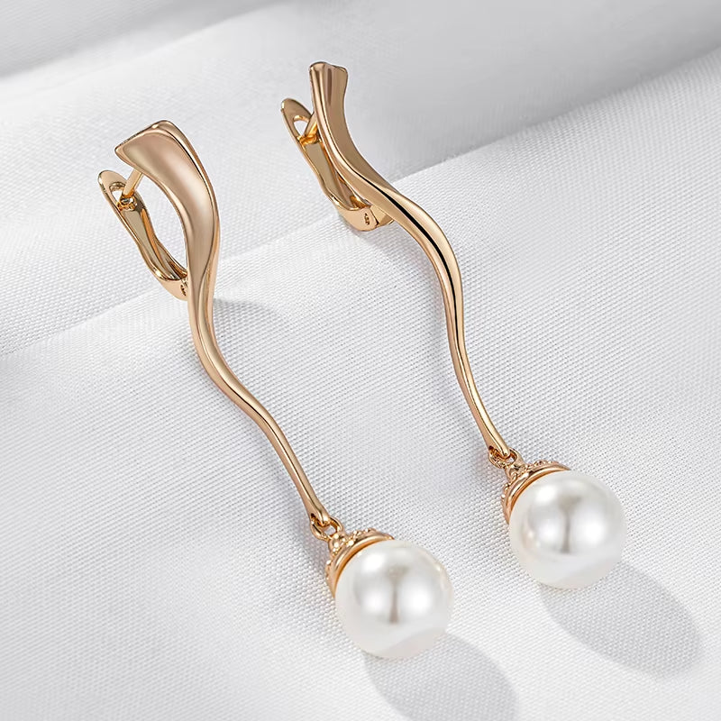 Unique Geometric Glossy Long Pearl Drop Earrings for Women Luxury 585 Rose Gold Color Accessories Party Daily Fine Jewelry