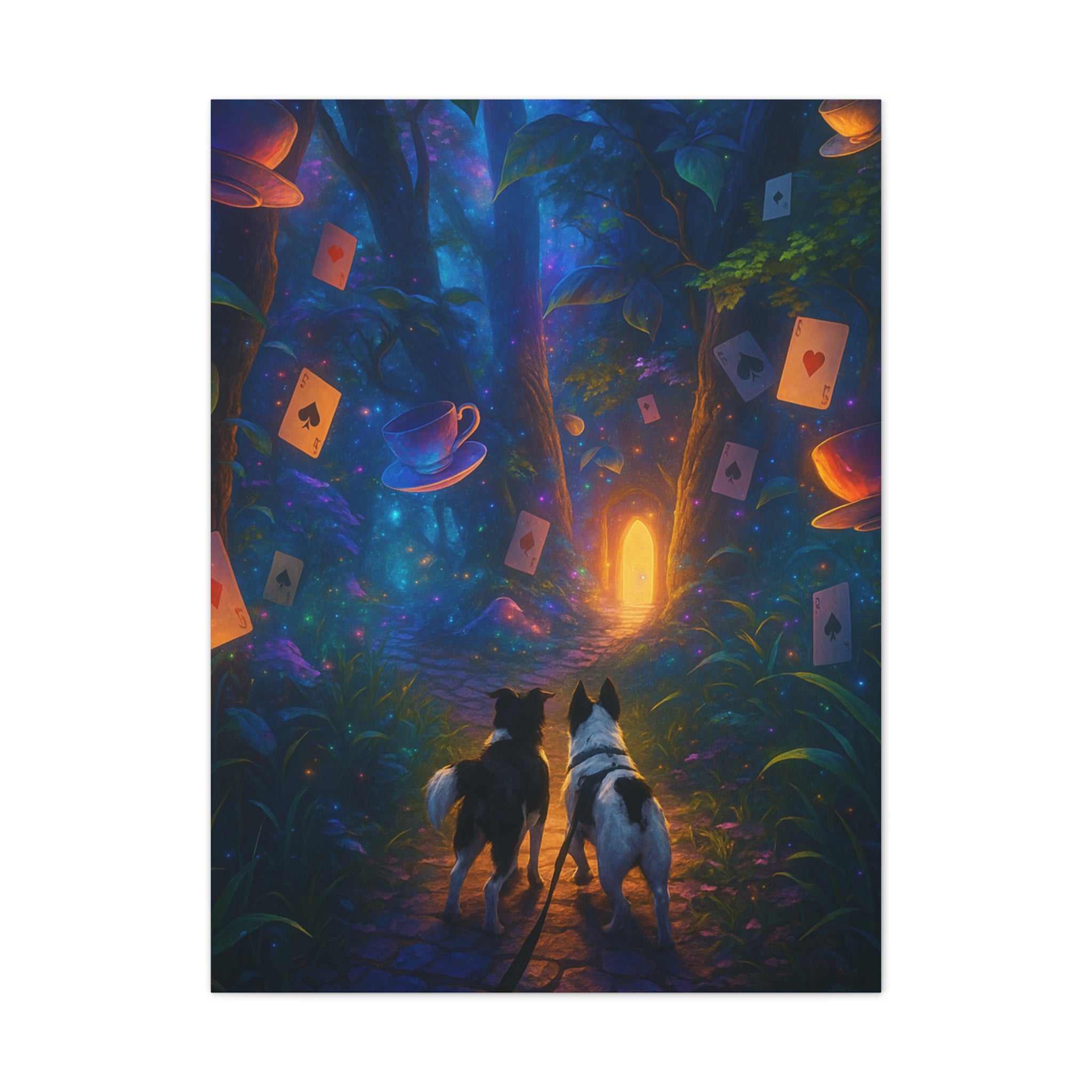 Magic Forest Canvas Wall Art — Dogs Exploring Wonderland with Glowing Door & Floating Playing Cards