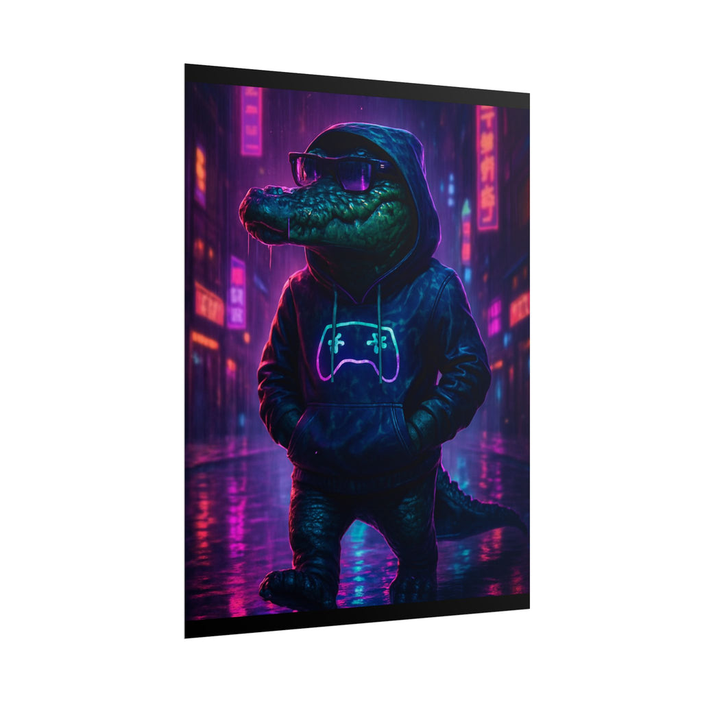 Rolled Posters - Florida Man Gaming Alligator Neon Gamer Hoodie Poster Print