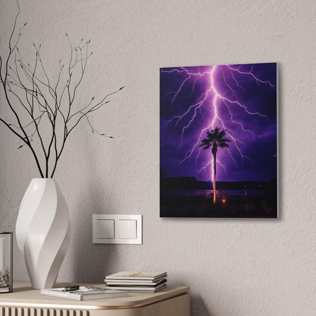 Purple Lightning Palm Tree Canvas Wall Art — Storm Photography Stretched Canvas